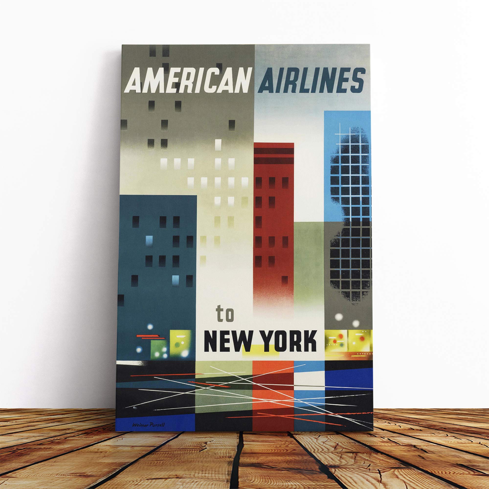 American Airlines to New York Travel Canvas Print | Gallery Wrapped 30mm Frame Wall Art | 30x20 inches | Ready to Hang | Retro Picture | Living Room Bedroom Lounge Office