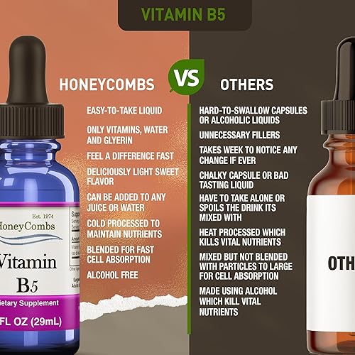 Miniatura 5 de HoneyCombs Suplemento de ácido pantoténico con vitamina B5, gotas líquidas, vitamina B5 de alta potencia para hombres y mujeres, mantiene hormonas
