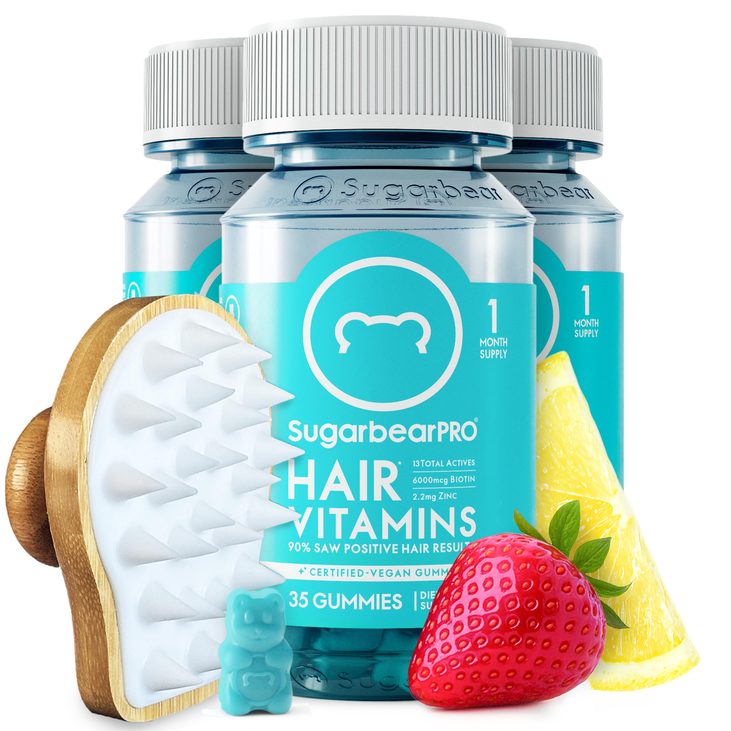 Sugarbear Bamboo Scalp Massager & Scrubber + Vegan Hair Vitamin Gummies 3 Month Supply, Extra Strength Biotin 6000mcg for Relaxing Scalp Care & Supporting Healthy Hair