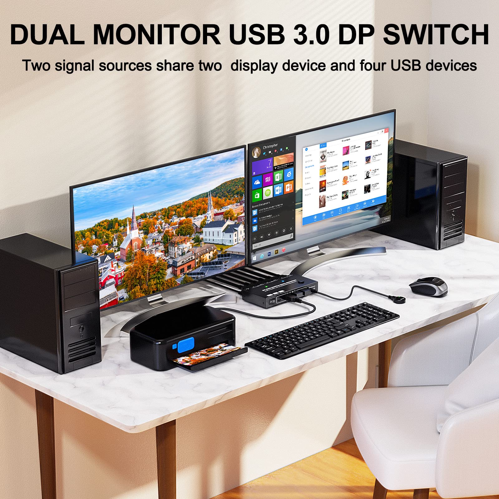 8K Displayport KVM Switch 2 PC 2 Monitor 4K @144Hz 8K@30Hz, MST Dual Monitor KVM Switch DP IN/DP+HDMI Out per 2 PC shar 2 monitor e 4 porte USB 3.0, switch KVM Displayport 1.4 con Wired Remote
