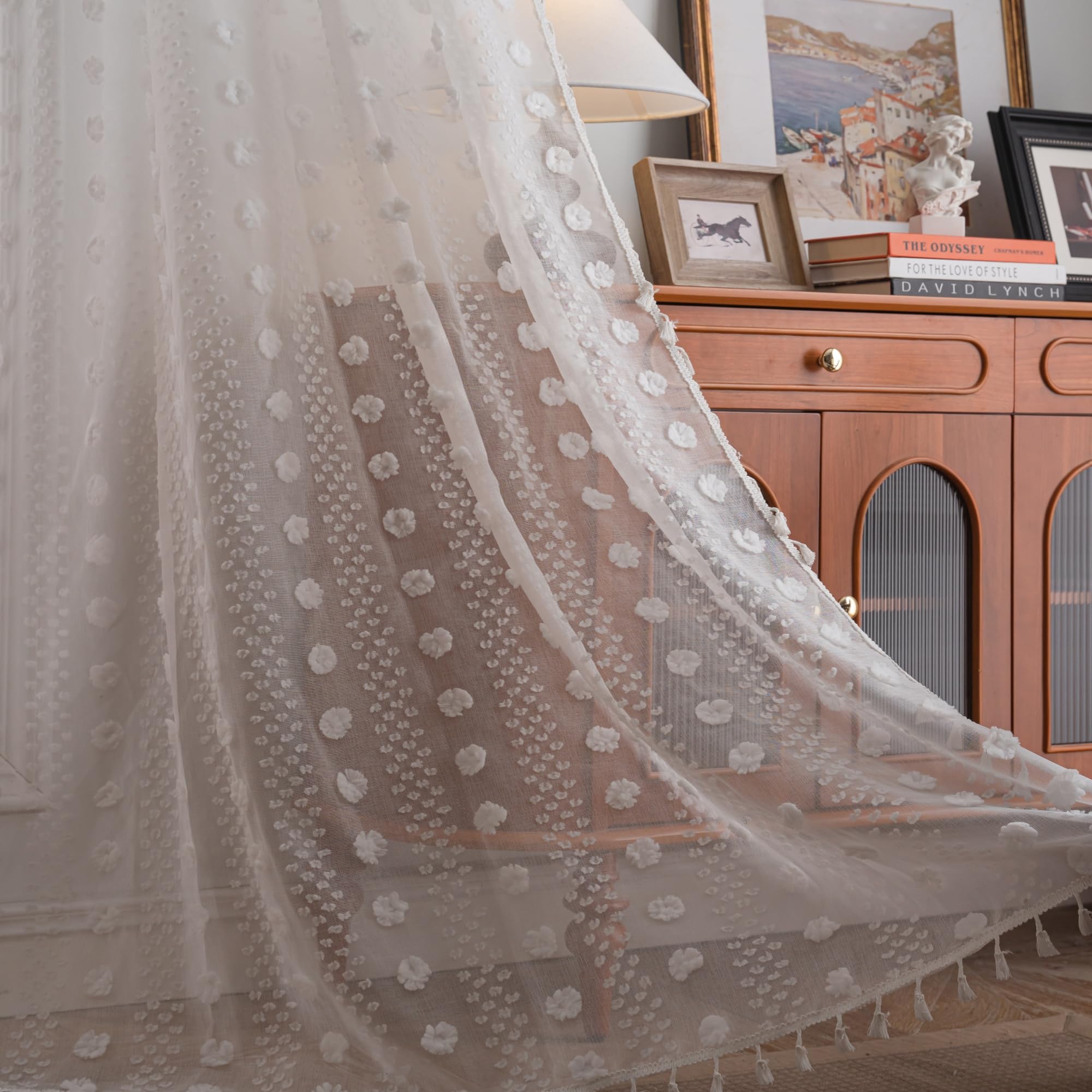 USTIDE White Floral Curtain 1 Panel Rustic Blossom Lace Macrame Crochet Curtain for Bedroom Living Room,150x220cm