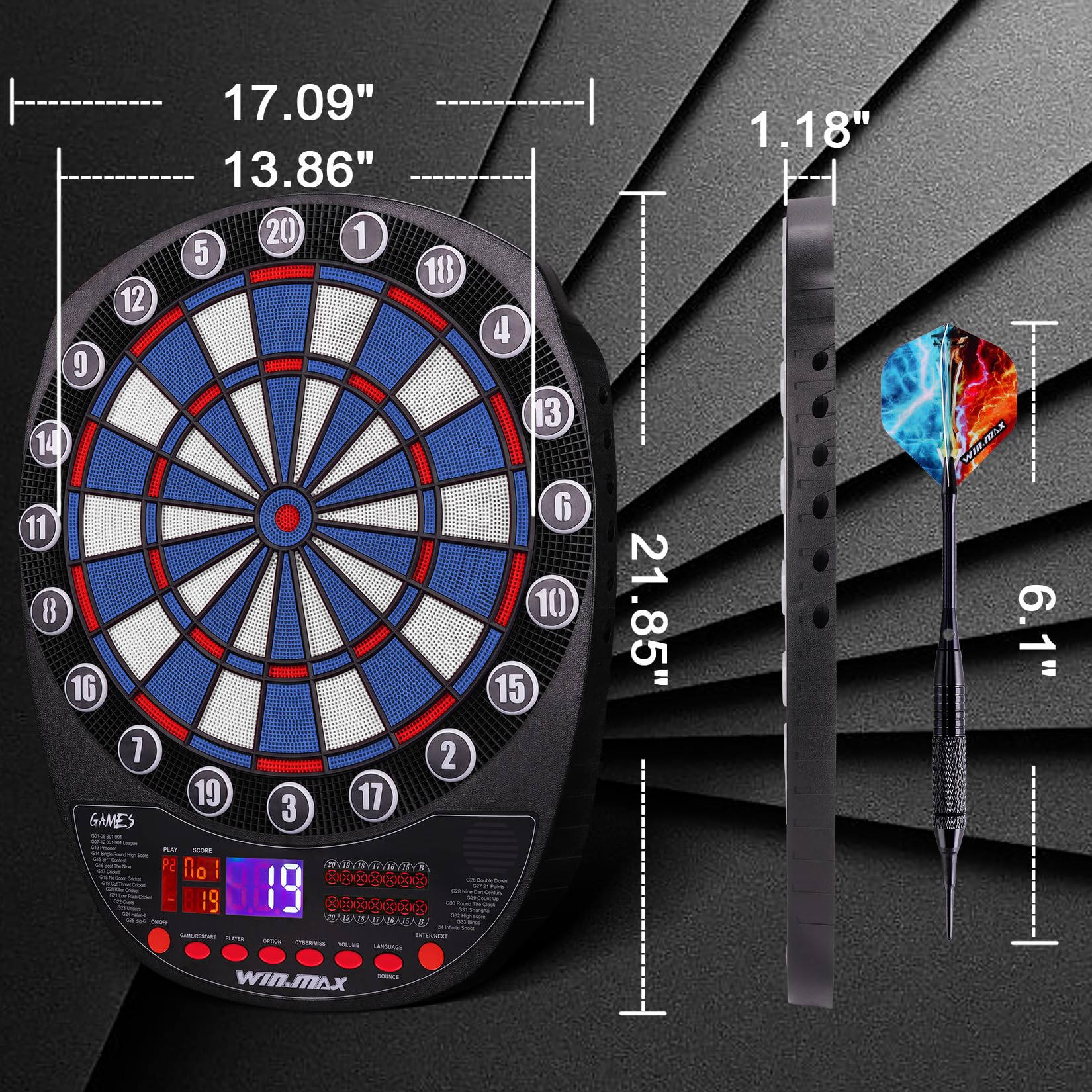 Bersaglio elettronico professionale, 34 giochi con 354 varianti, 3 lingue: tedesco, inglese, francese, per 1 a 8 giocatori con 12 freccette