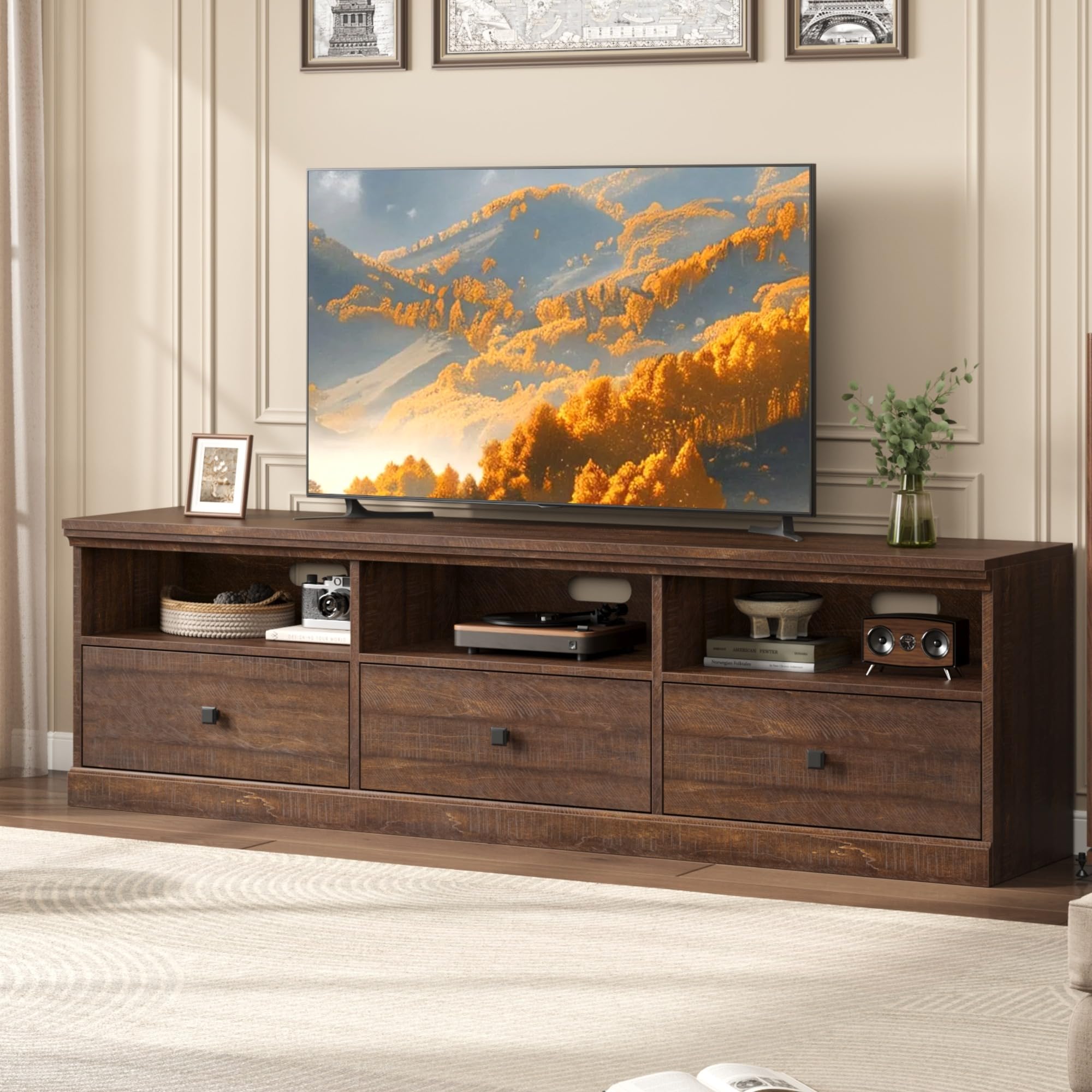 garvee 70 inch mid-century modern tv stand for 65/70/75 in tv, entertainment center with 3 storage drawers & open shelves, media cabinet for living room bedroom, reddish brown
