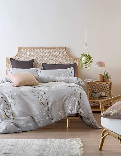 Miniatura 9 de Eikei Juego de ropa de cama de 3 piezas con estampado de ramas florales de flores rojas cerezo estilo oriental japonés, 300 hilos (King, carbón)