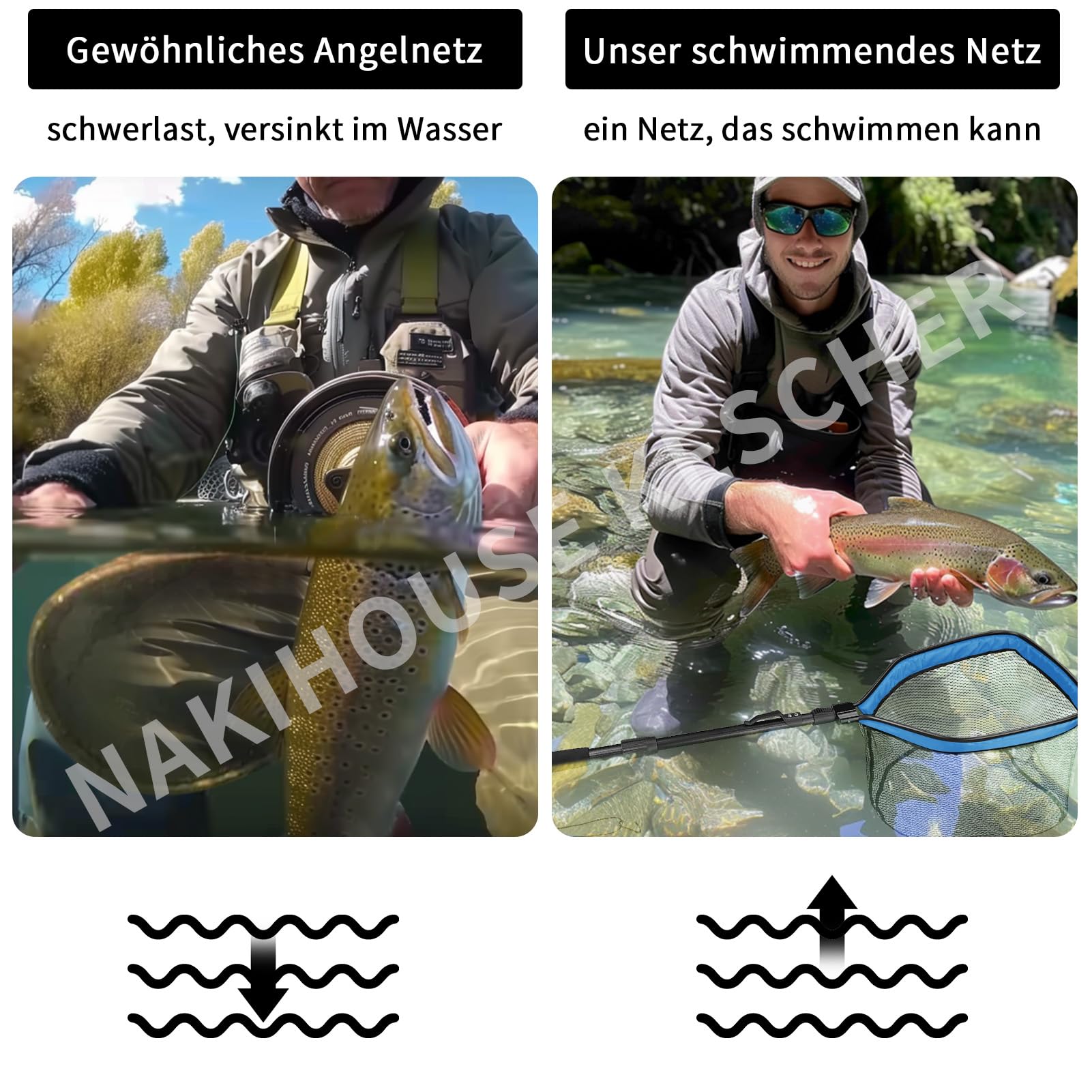 Red de pesca flotante, red de pesca plegable, red de pesca telescópica para atrapar y aflojar fácilmente los peces, pesca de goma para niños y adultos