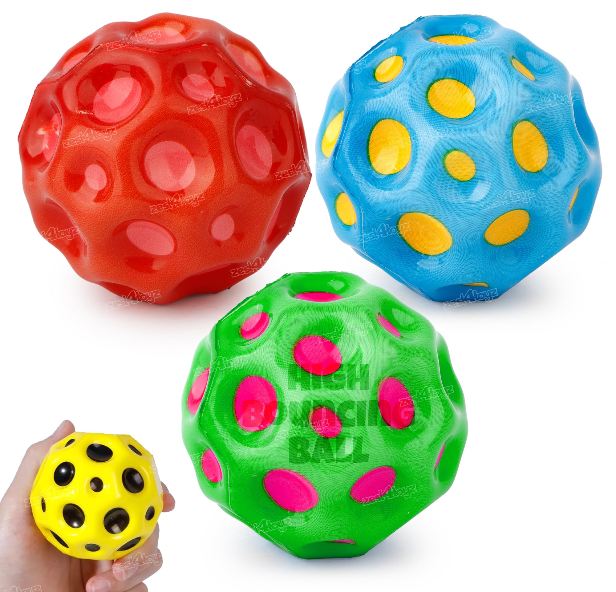 Zest 4 Toys Crazy Bounce Moon Ball for Kids with Soft Rubber Stress Ball Fun Playground Toy- Pack of 3 (Random Color)