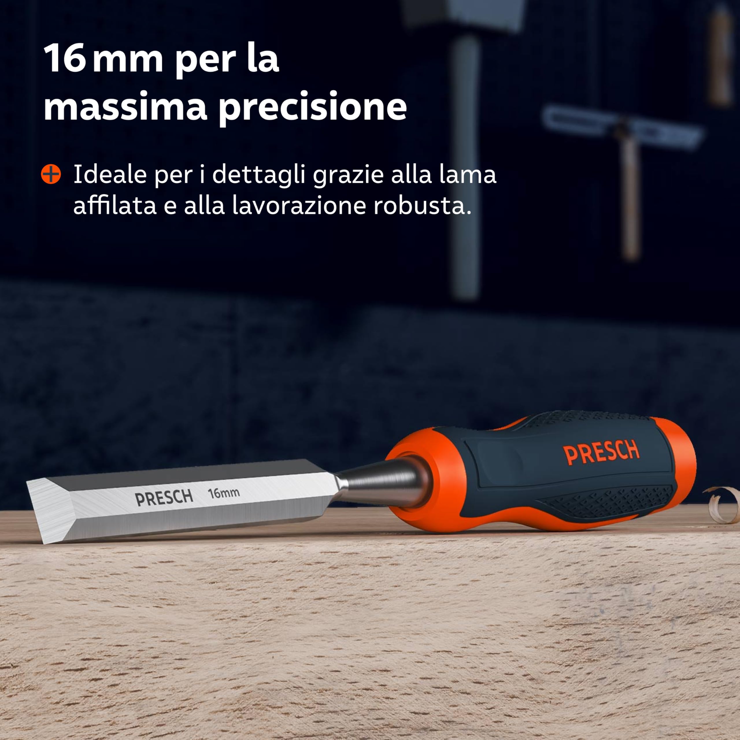 Presch Scalpello per legno 16mm - Completamente levigato per utilizzo immediato - Per professionisti con 25° angolo e robusta battuta in metallo - Impugnatura ergonomica per presa sicura
