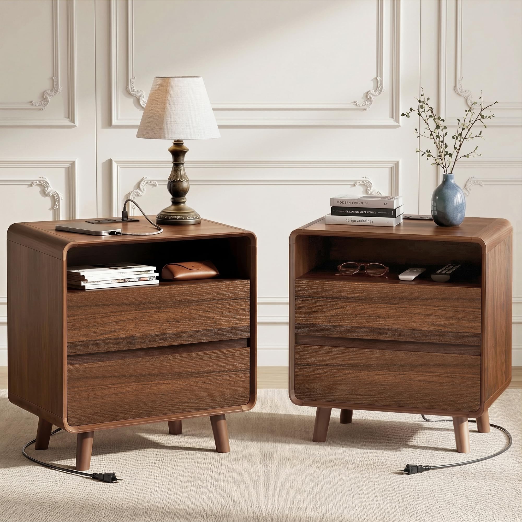 Condition photo showing New/Like New for nasonet mid century modern nightstand with charging station, wood bedroom end tables set of 2 nightstands with drawers, bedside table for living room, curved profile design, walnut(2 boxes)