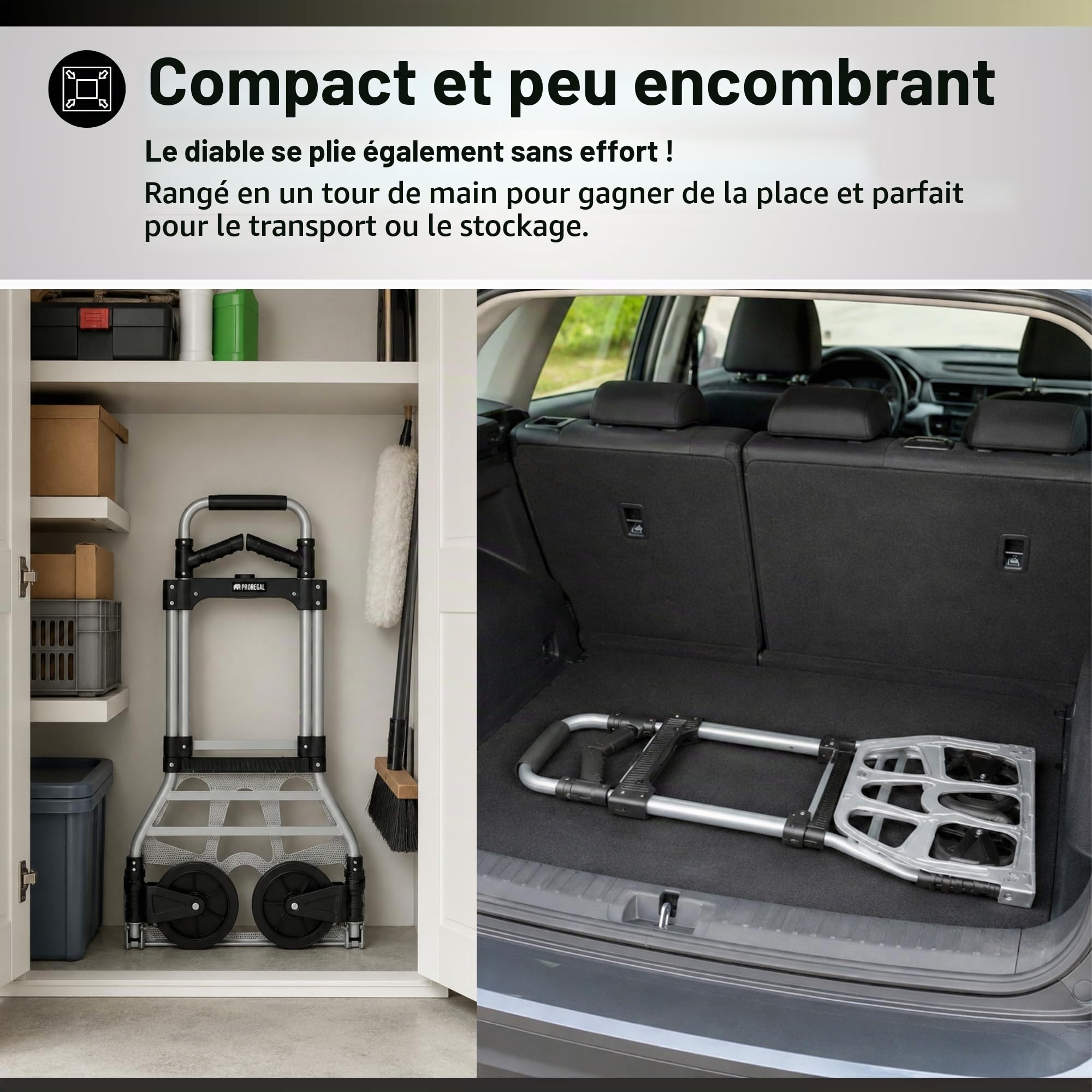 PROREGAL Diable Pliable Elephant | HxLxP 115x50x53cm | Capacité de Charge 150kg | Cadre en Aluminium, poignées ergonomiques, Roues en Caoutchouc TRR | Argent