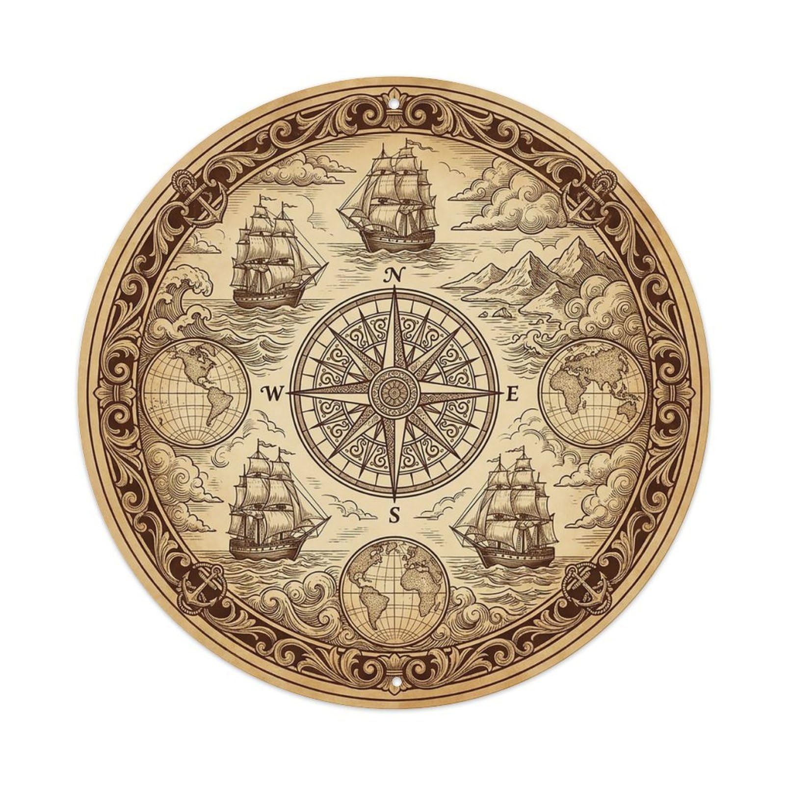 Vintage Nautical Compass World Map Pilgrimage Path Metal Tin Sign