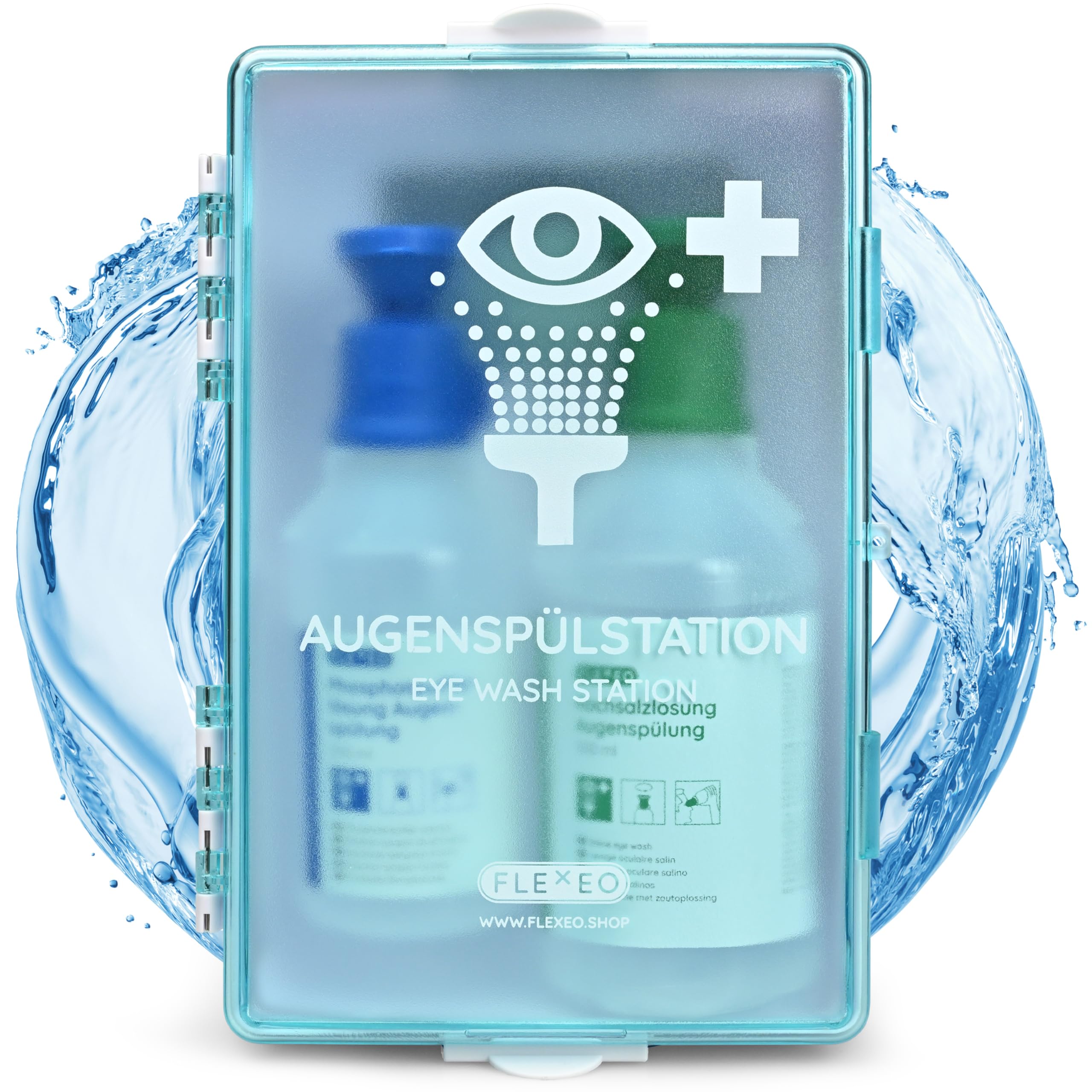 FLEXEO Stacja do płukania oczu w zestawie (1x 500 ml NaCl roztworu soli kuchennej + 1x 250 ml buforu fosforanowego) z uchwytem ściennym – płukanie oczu – prysznic oczu – sterylny NaCl roztwór do