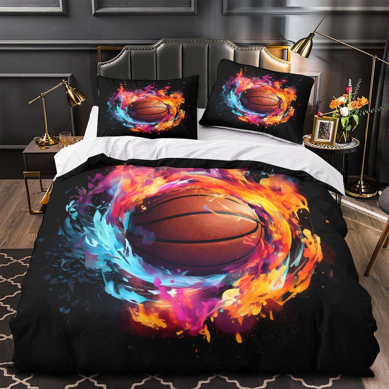 Housse de couette basket-ball 200x200cm avec taie d'oreiller pour lit double ado