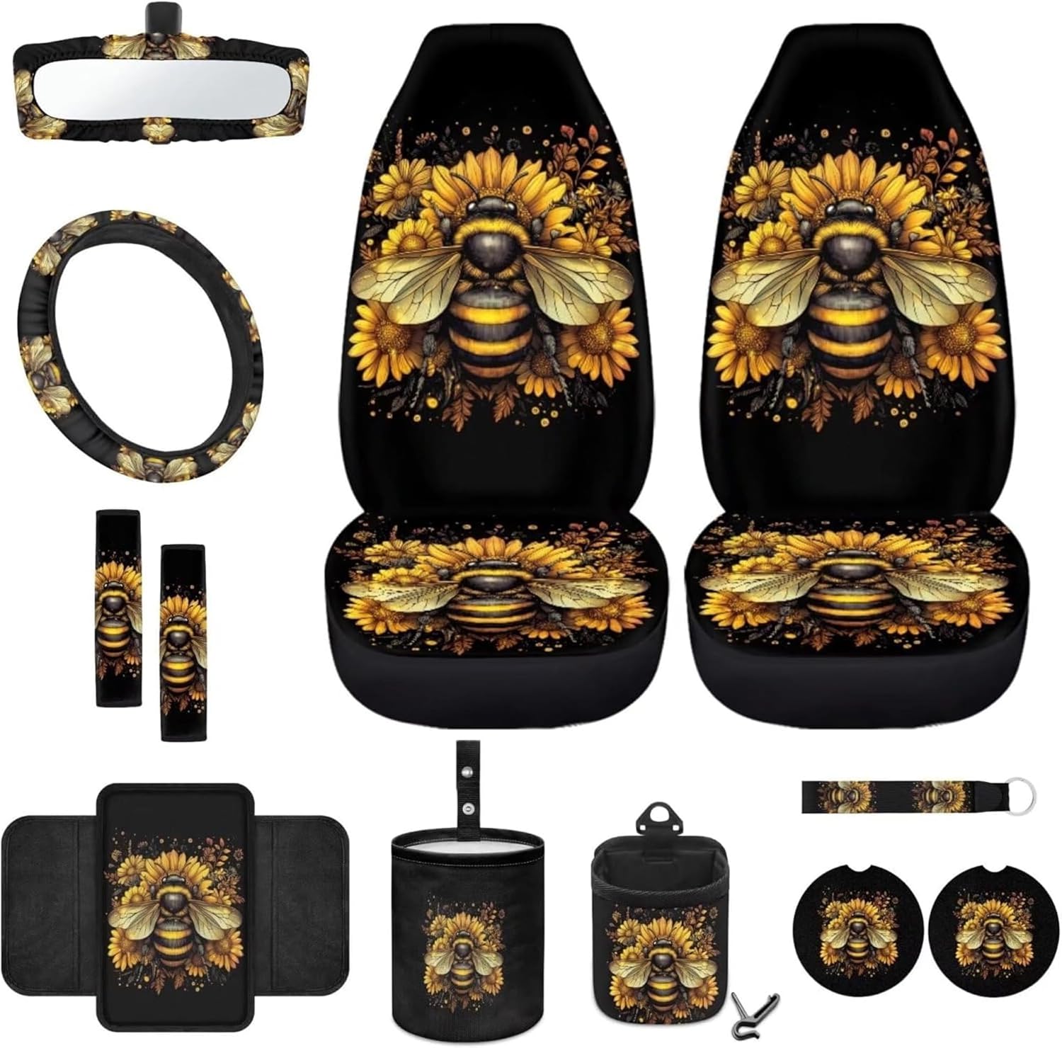 Bee Car Seat Cover Full Set 12 PCS with Steering Wheel Cover Seat Belt Cover Armrest Mat Trash Bag Air Vent Bag Rear View Mirror Cover Cup Coasters Key Chain Sunflower Interior Auto Decor