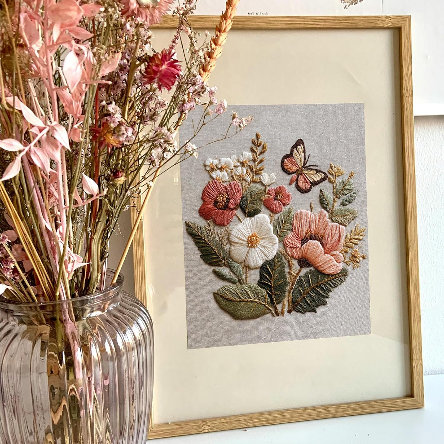 FONNUY Boho Floral Embroidery Kit, Pre-Stamped Butterfly Frolicking in Blooms Patterns Kits for Adults and Beginners, Handmade DIY Crafts Set, Color Thread Needlework, 8'' Hoop (Pink A1)
