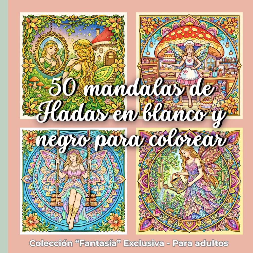 50 Mandalas de Hadas en Blanco y Negro para Colorear: Libro para colorear para adultos – Colección fantasía exclusiva – Diseños relajantes con páginas a una cara