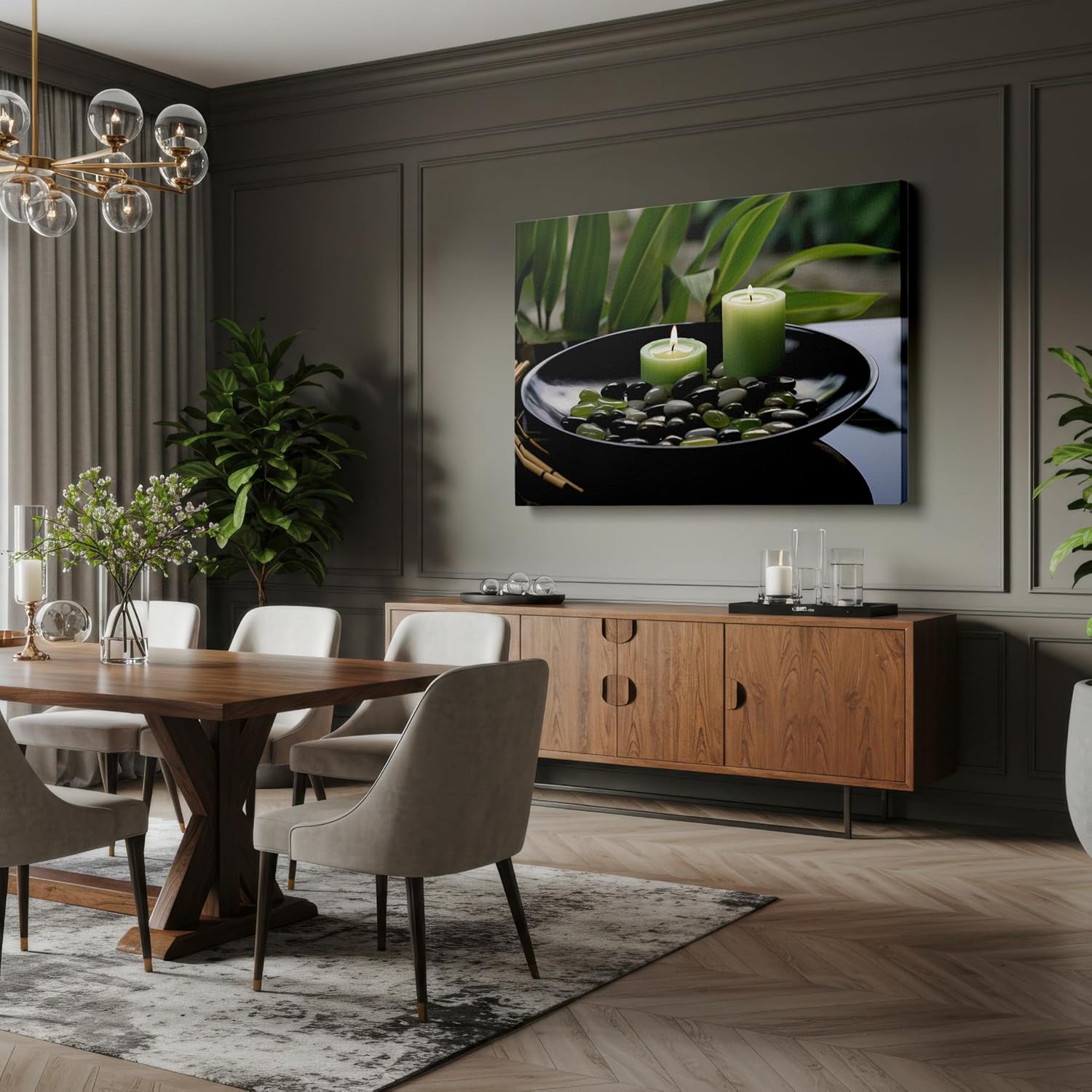 Serene Stones and Soft Candles Amidst Lush Greenery Large, Decor, Office, Bedroom, Living Room Wall. Size: 130x86 cm (51x34 inch) Canvas Wall Art - Modern Home Decor - 69x46 cm (27x18 inch)