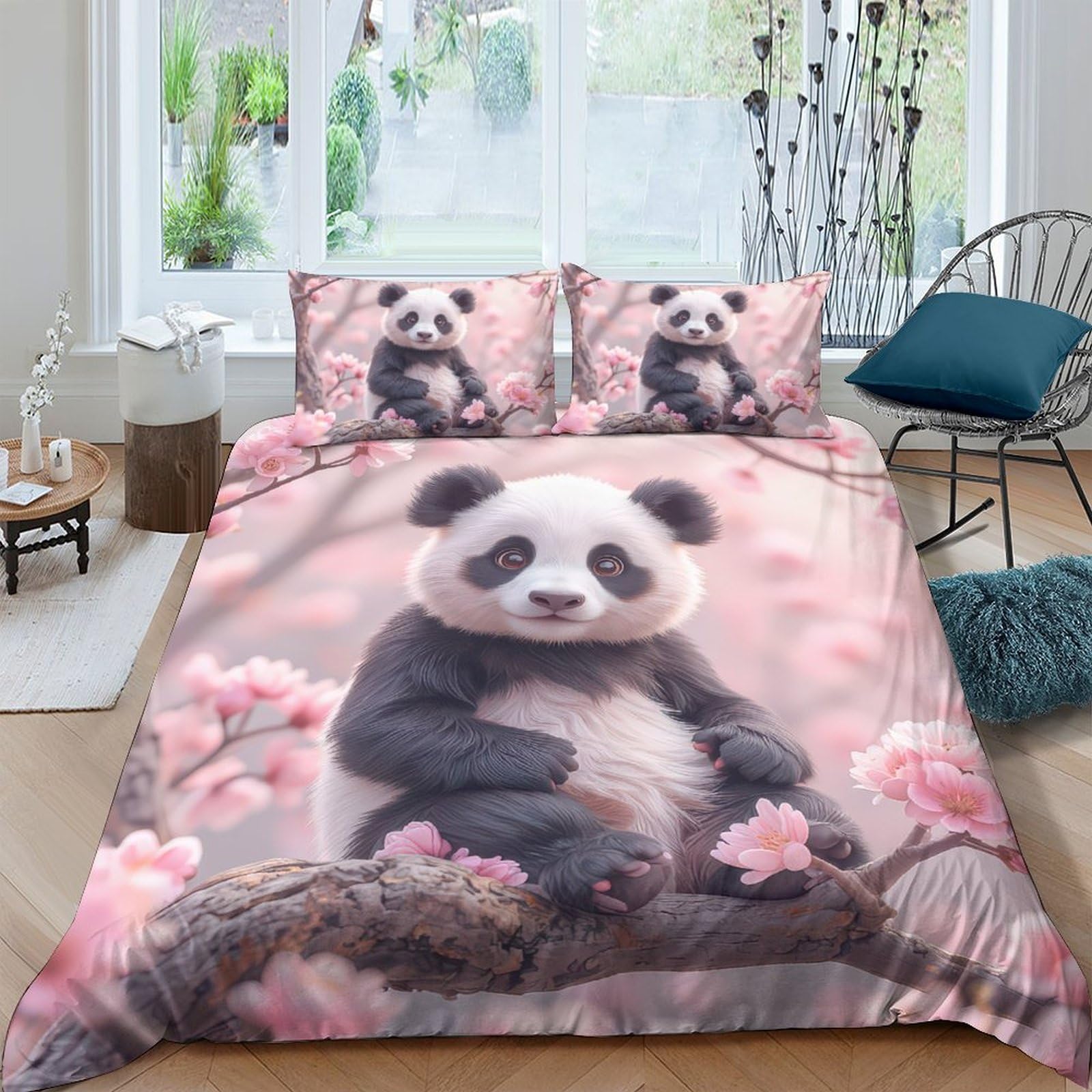 Ctjqhvkz Style-4 3D Printed Panda Blossom Fitted Sheet Microfiber Soft Pink Floral Bed Sheet For Bedroom Guest Room Decor Single（135X200cm）