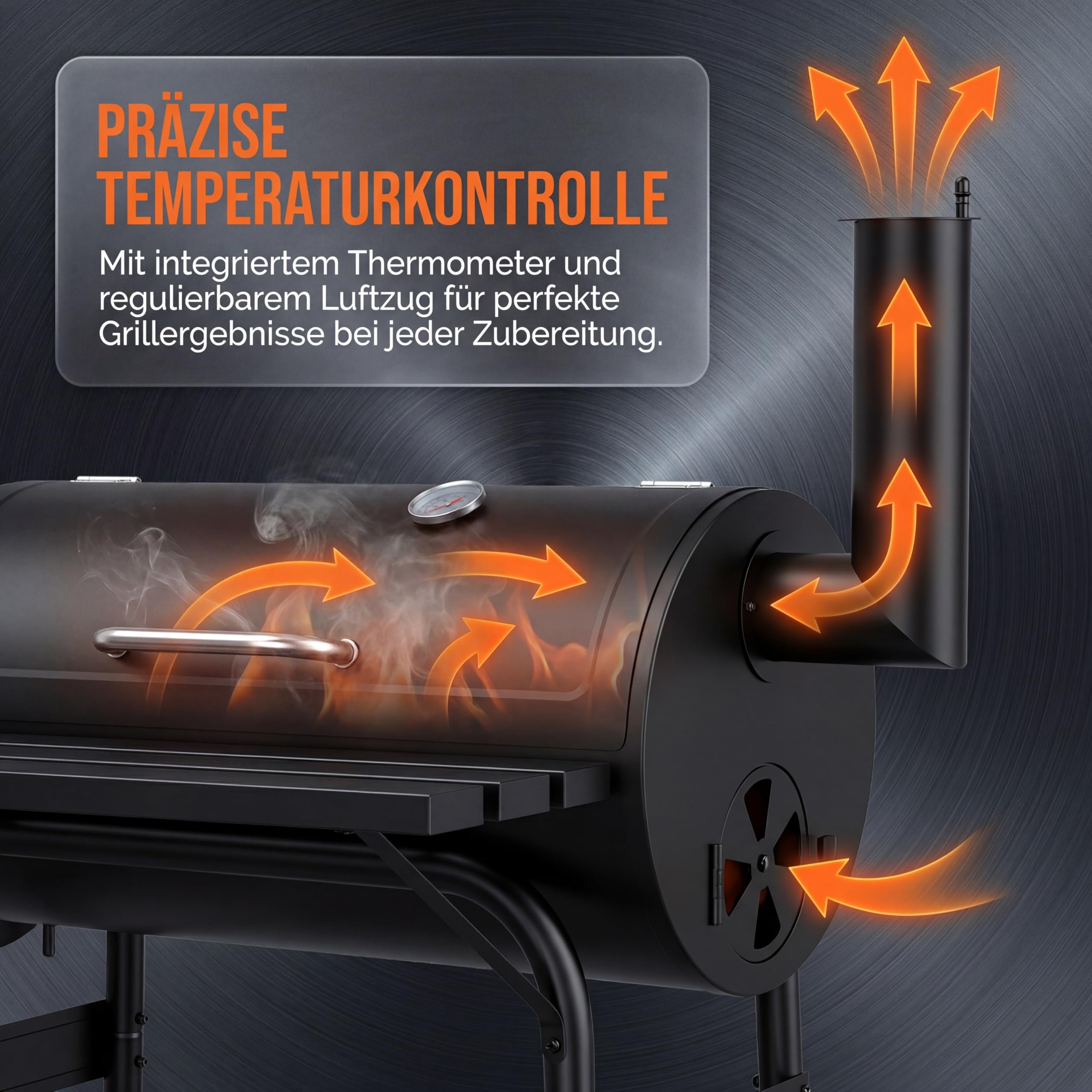 Holzkohle Smoker Grill BBQ mit 2 Kammern, Grillwagen mit Thermometer, Smoker Grill für indirektes Grillen & Räuchern, fahrbarer Garten Grill mit Ablagen, Schwarz
