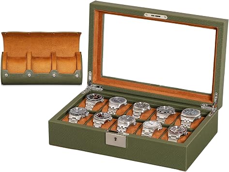 10 Slot Leather Watch Box with Matching 3 Slot Watch Roll - Luxury Case Display Organizer Microsuede Liner, Locking Mens Jewelry Watches Holder, Mens Storage Boxes Holder Glass Top Green/Tan