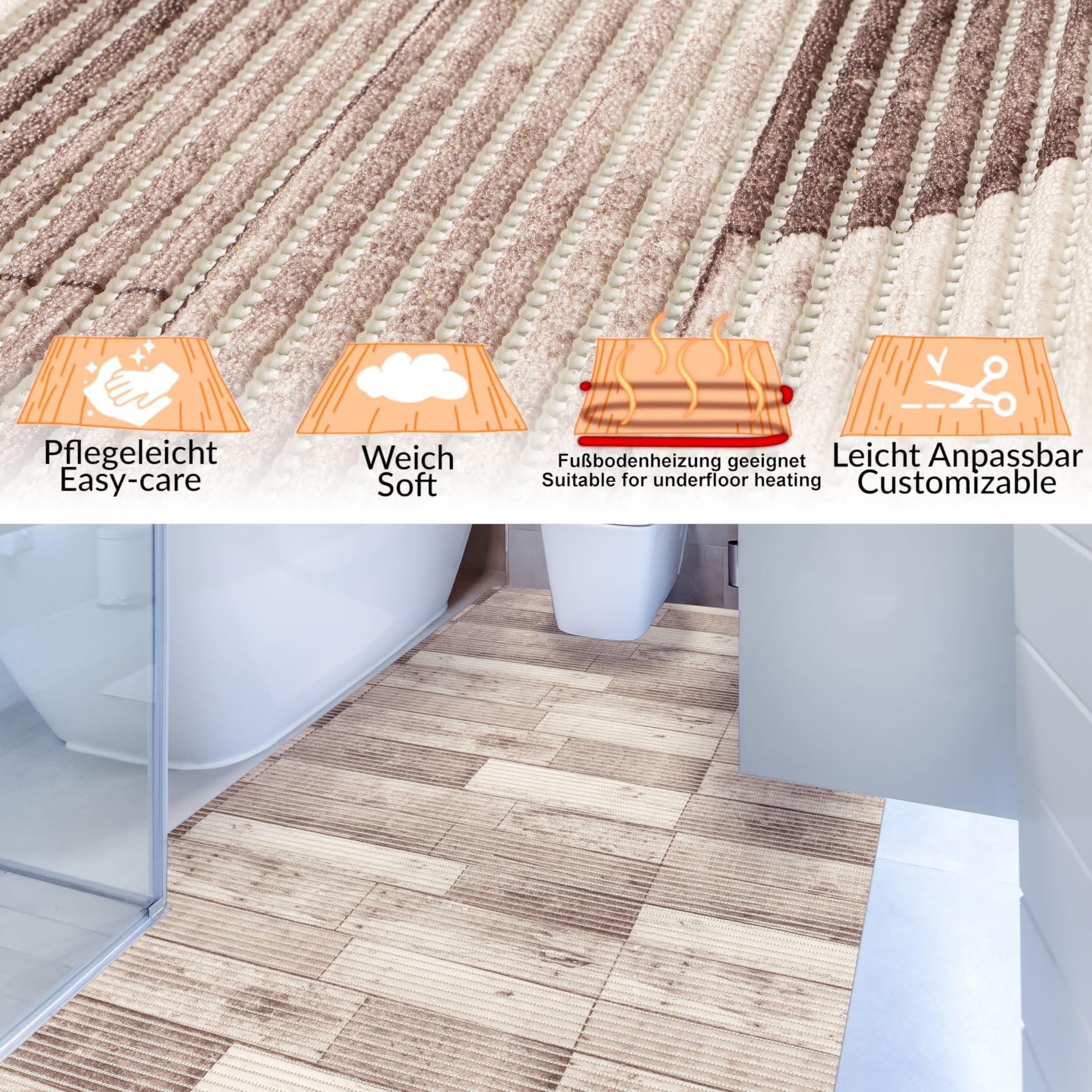 ANRO Weichschaummatte Badematte Bad Dusche WC Vorleger Teppich Antirutsch Badläufer Holz 280x130cm