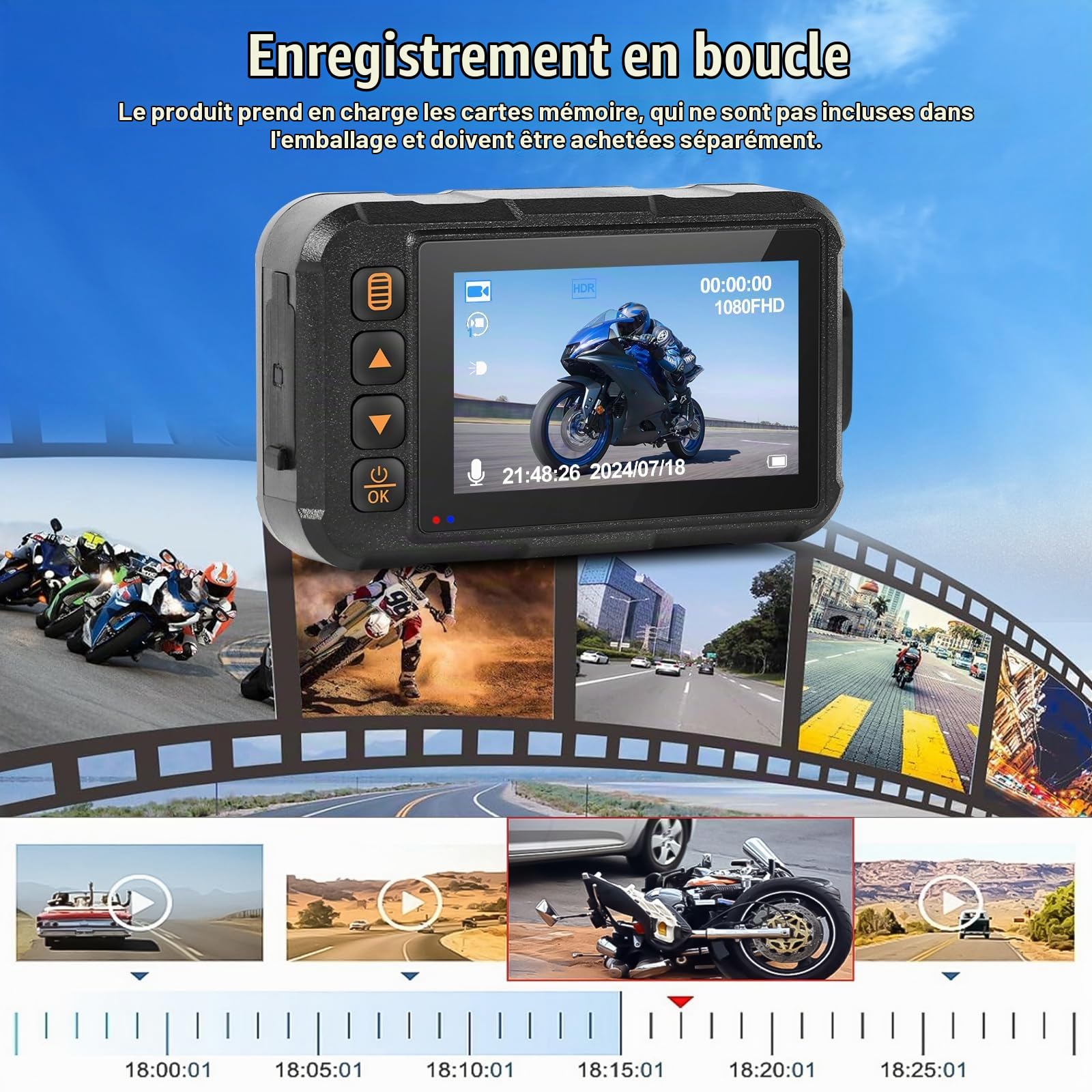 CAMECHO Moto Dashcam 3 Pouces, IP67 Étanche Double Caméra Grand Angle 120 Degrés 90 Degrés Caméra pour Moto avec HDR, Capteur G, Enregistrement en Boucle