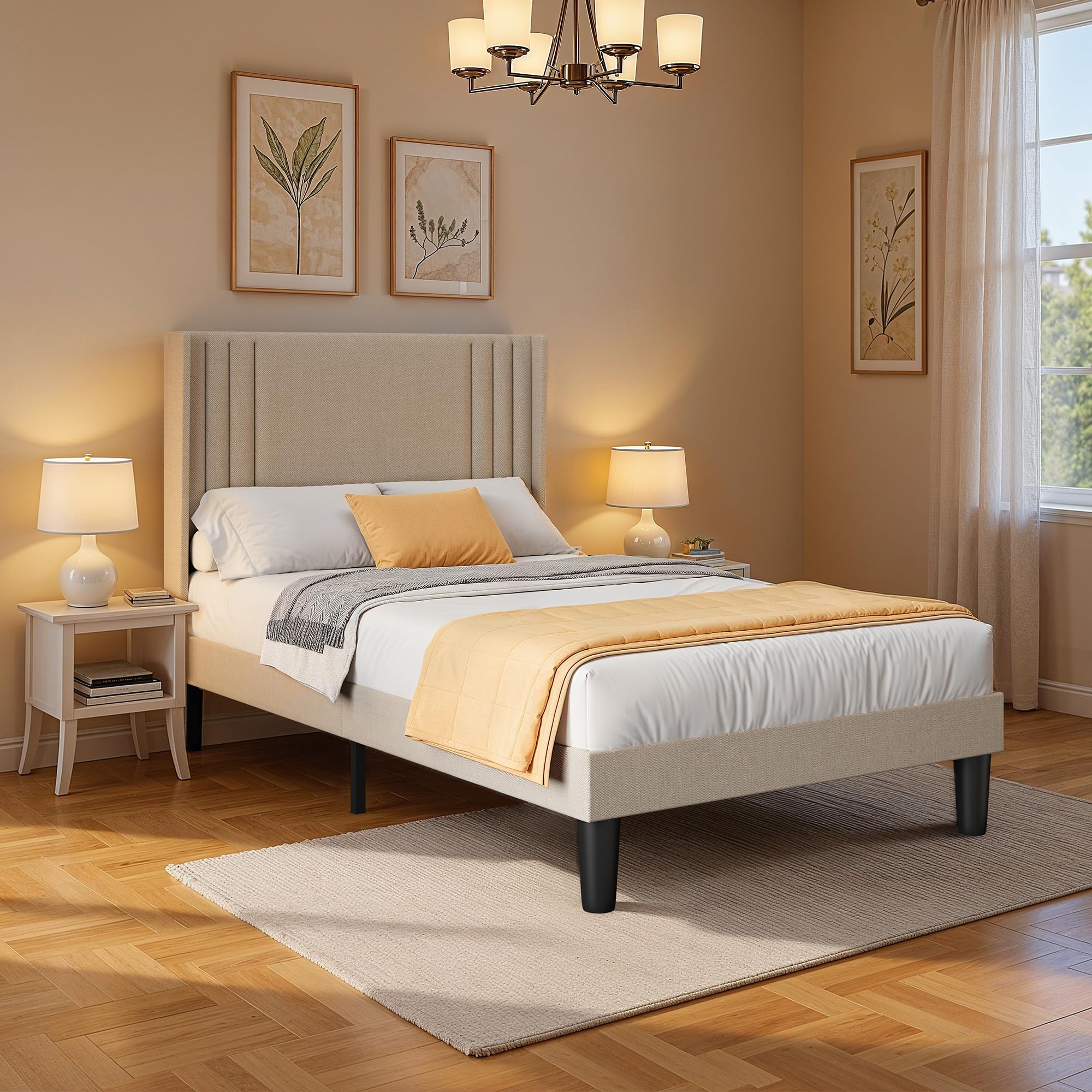 Letto imbottito 120 x 200 cm, con testiera e rete a doghe, robusto letto in tessuto per ragazzi e camere degli ospiti, struttura imbottita,Beige
