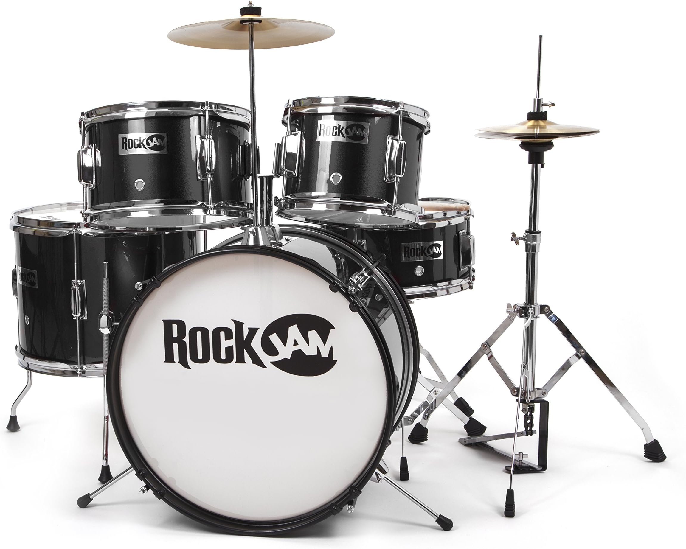 Complete 5-Piece Junior Drum Set with Cymbals, Drumsticks, Adjustable Throne and Accessories - Black