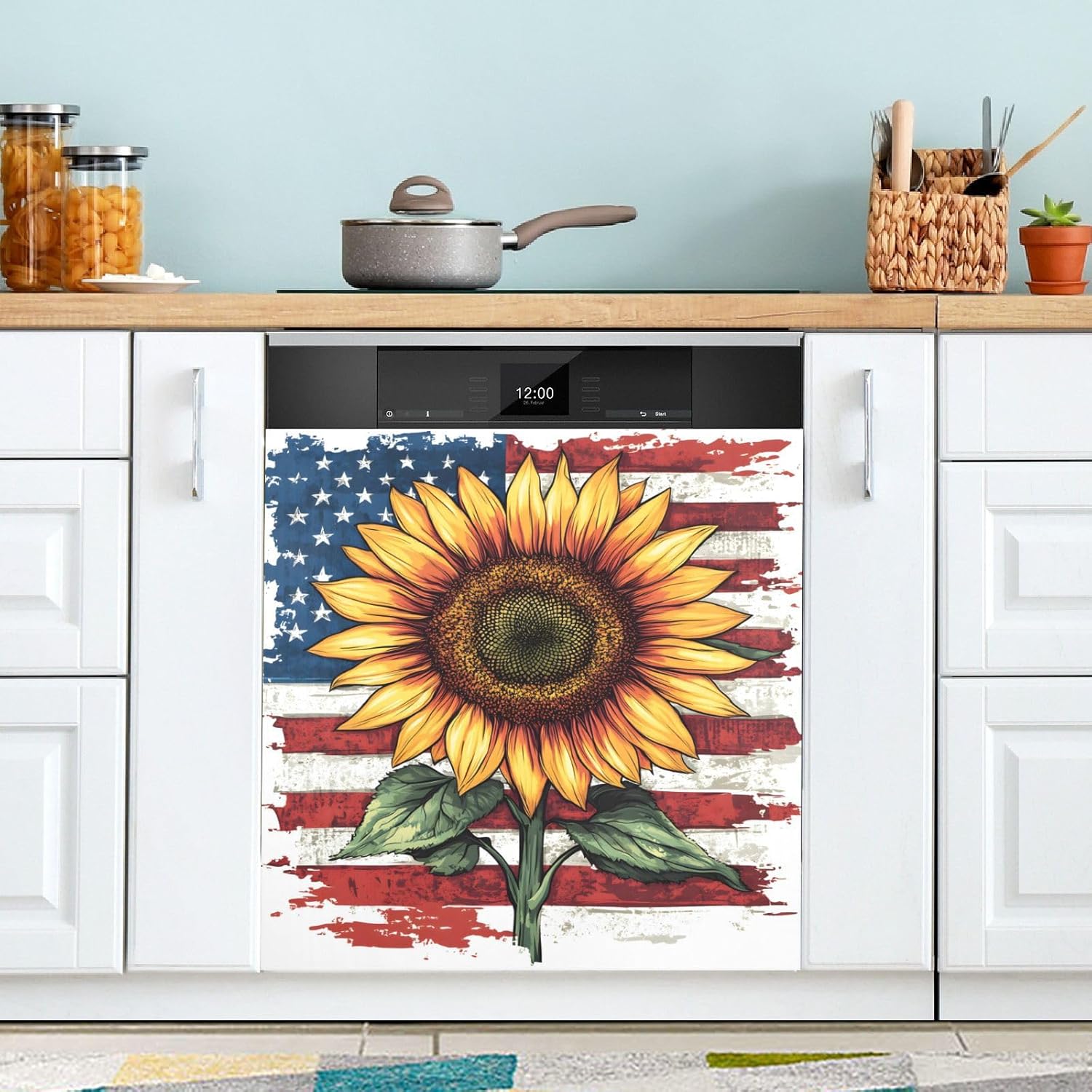 Dishwasher Magnet Cover Front Door 4th of July American Flag Sunflower Decorative Refrigerator Covers Magnetic Sheet Sticker Wash Machine Fridge Panel Decal for Kitchen Appliance 23x26 in