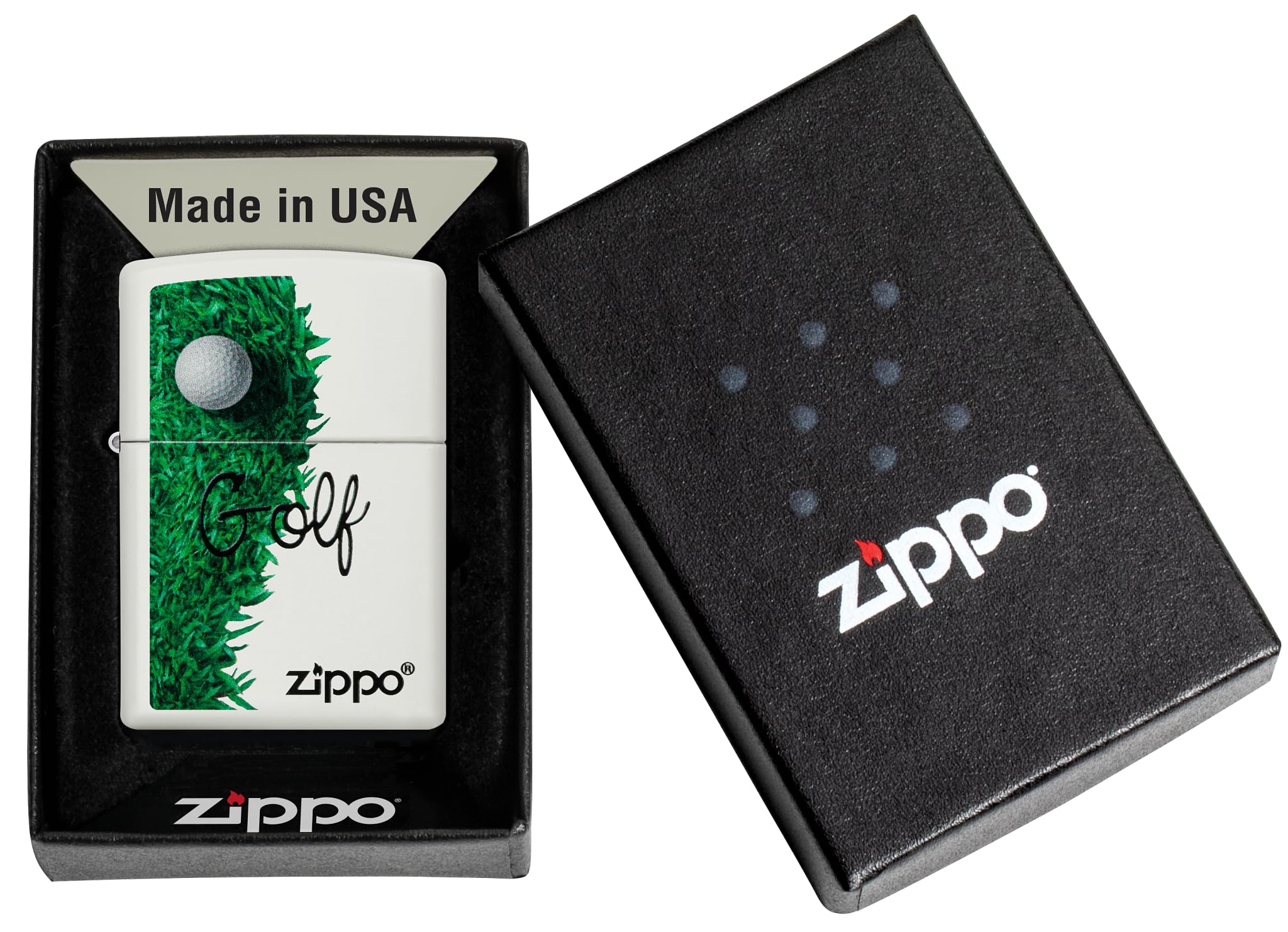 Zippo - Briquet Tempête Motif Golf, Blanc Mat, Impression Color Image, Rechargeable, Réutilisable, Coupe-Vent, Coffret Cadeau, Fabriqué Aux États-Unis