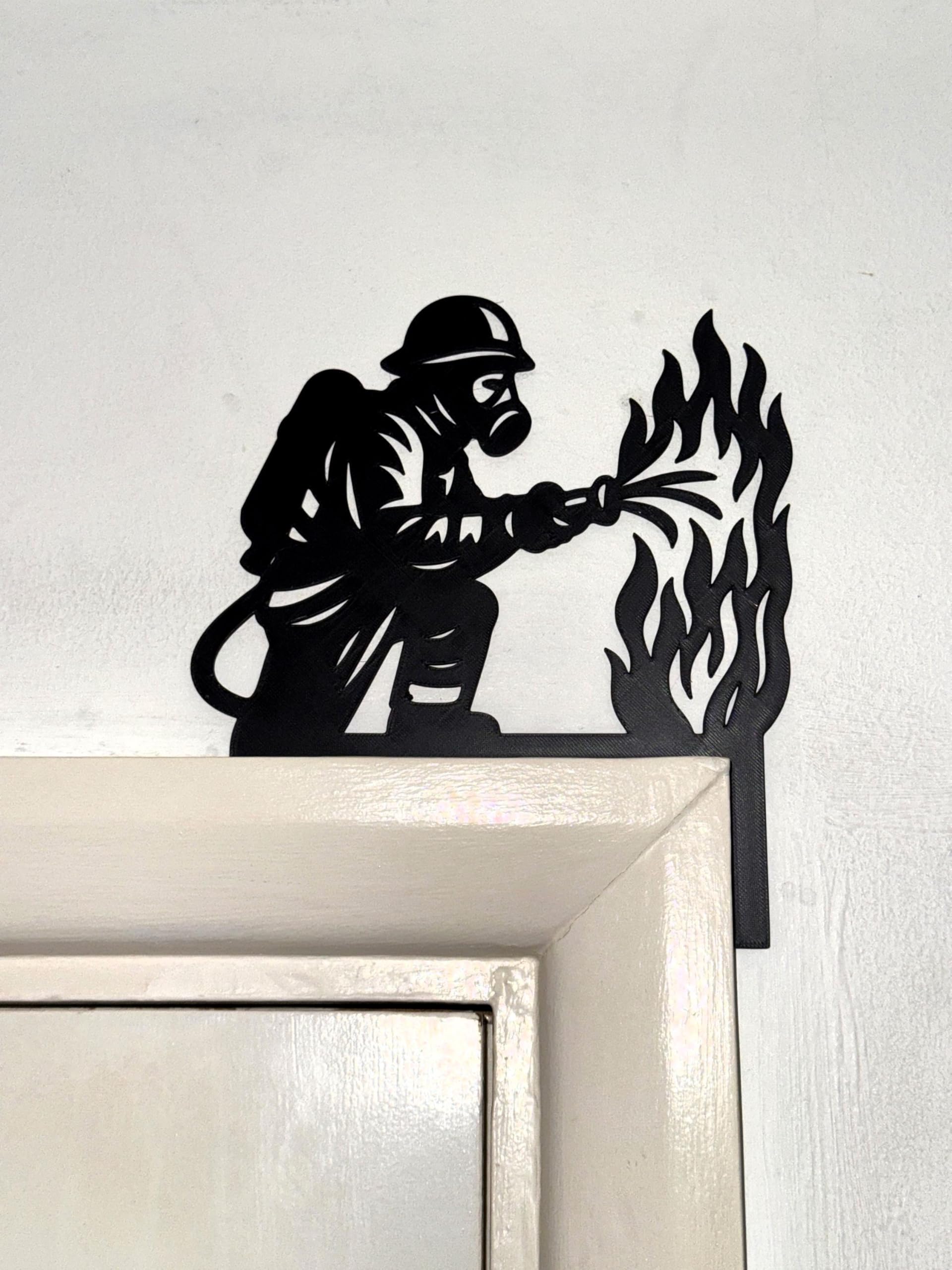 Black Firefighter Door Topper, Plastic Silhouette Wall Decor, Firefighter With Hose And Flames Design, Door Frame Decoration For Fire Station, Home Office, Man Cave