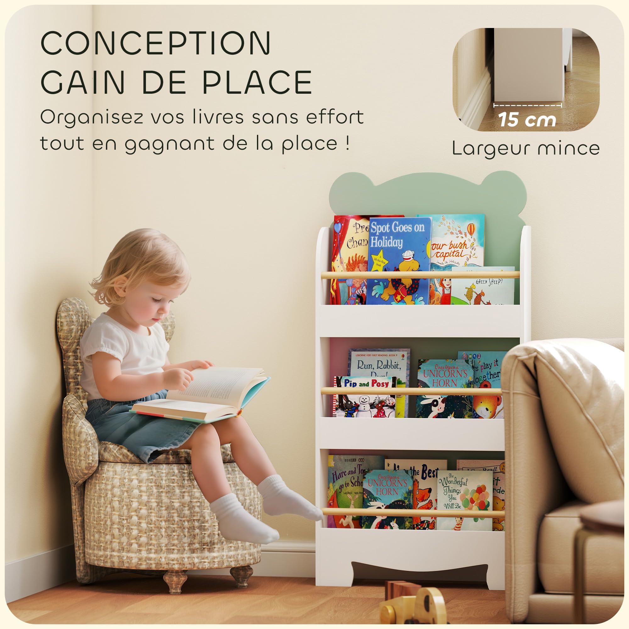 AIYAPLAY Bibliothèque pour Enfant, Rangement Livre Enfant 3 Niveaux, Meuble de Rangement en Forme d'ours, étagère Chambre pour Salle de Jeux, Vert