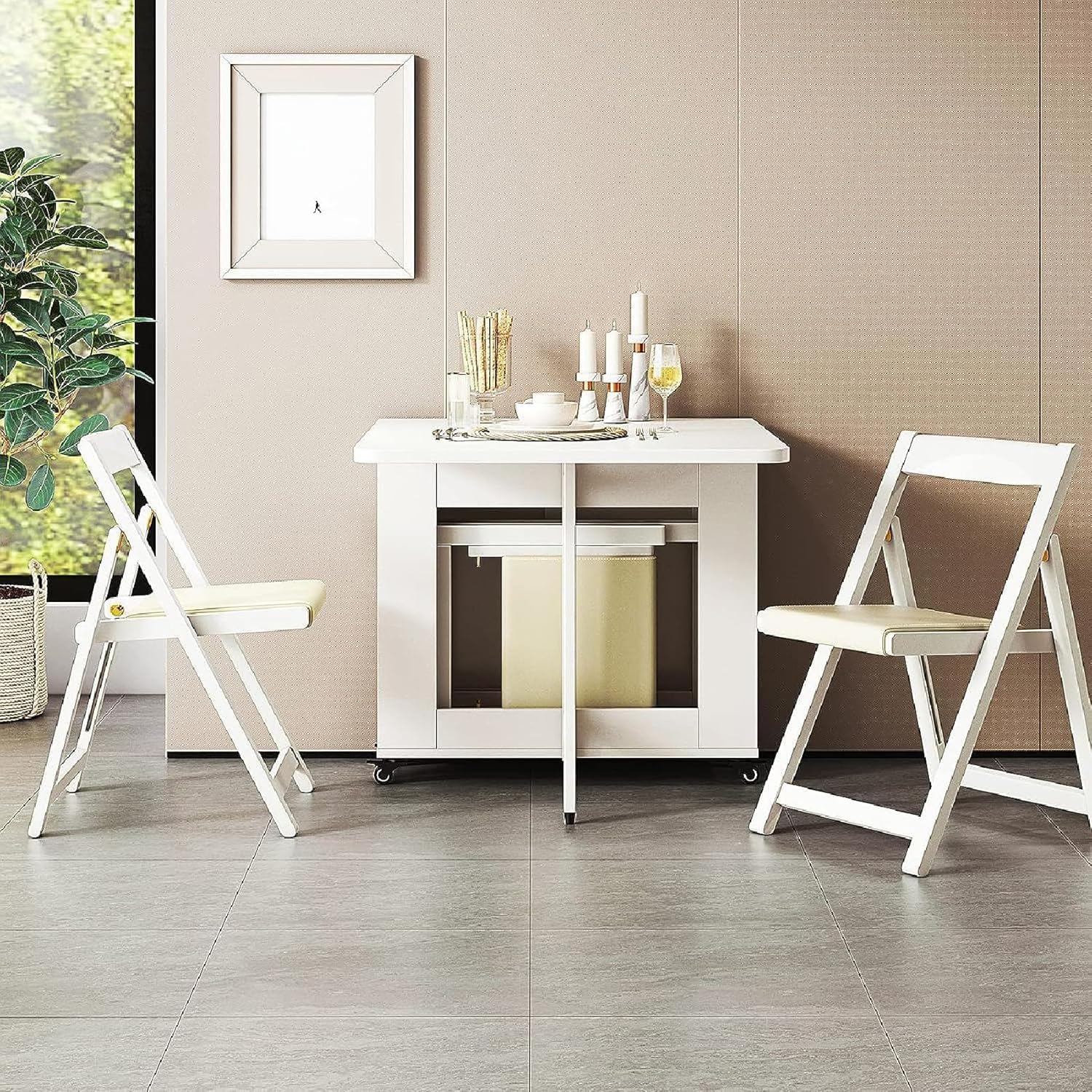 Kutis Fully Assembled Folding Dining Table Set with Storage, Extendable Folding Dining Table with 4 Sturdy Chairs, Space-Saving Design Ideal for Small Space Compact Furniture with Integrated Storage.