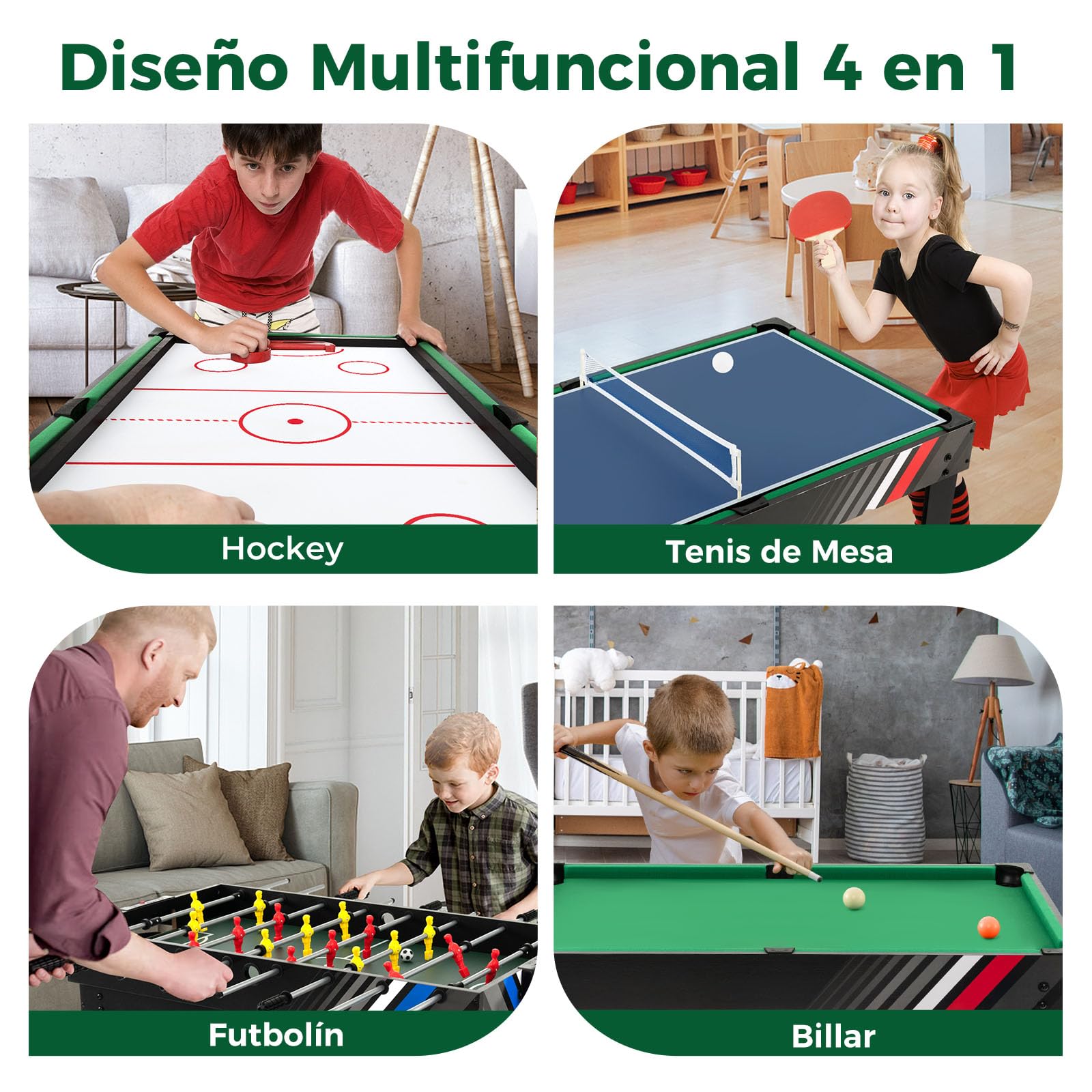 RELAX4LIFE 4 en 1 Juegos de Mesa Apilable para Niños y Adultos, Futbolín, Hockey, Billar, Tenis de Mesa con 18 Accesorios para Salas de Juegos y Bares, Regalo Cumpleaños o Navidad, 125x97x83cm