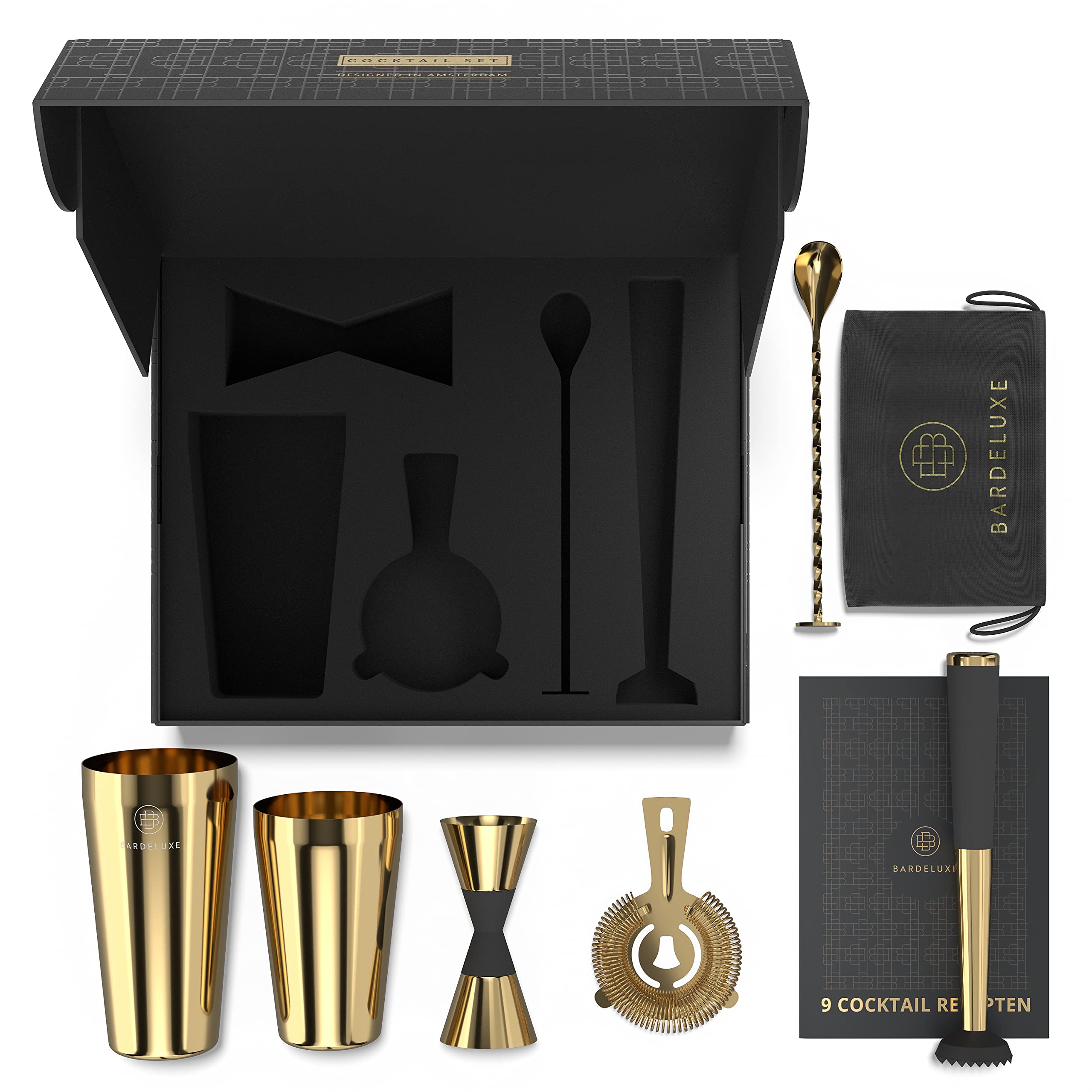 BarDeluxe Boston Juego de coctelera de 5 piezas, juego de barman, juego de mezcla de cócteles, 750 ml, coctelera Boston, juego de cócteles de acero inoxidable, accesorios de cóctel, set de regalo