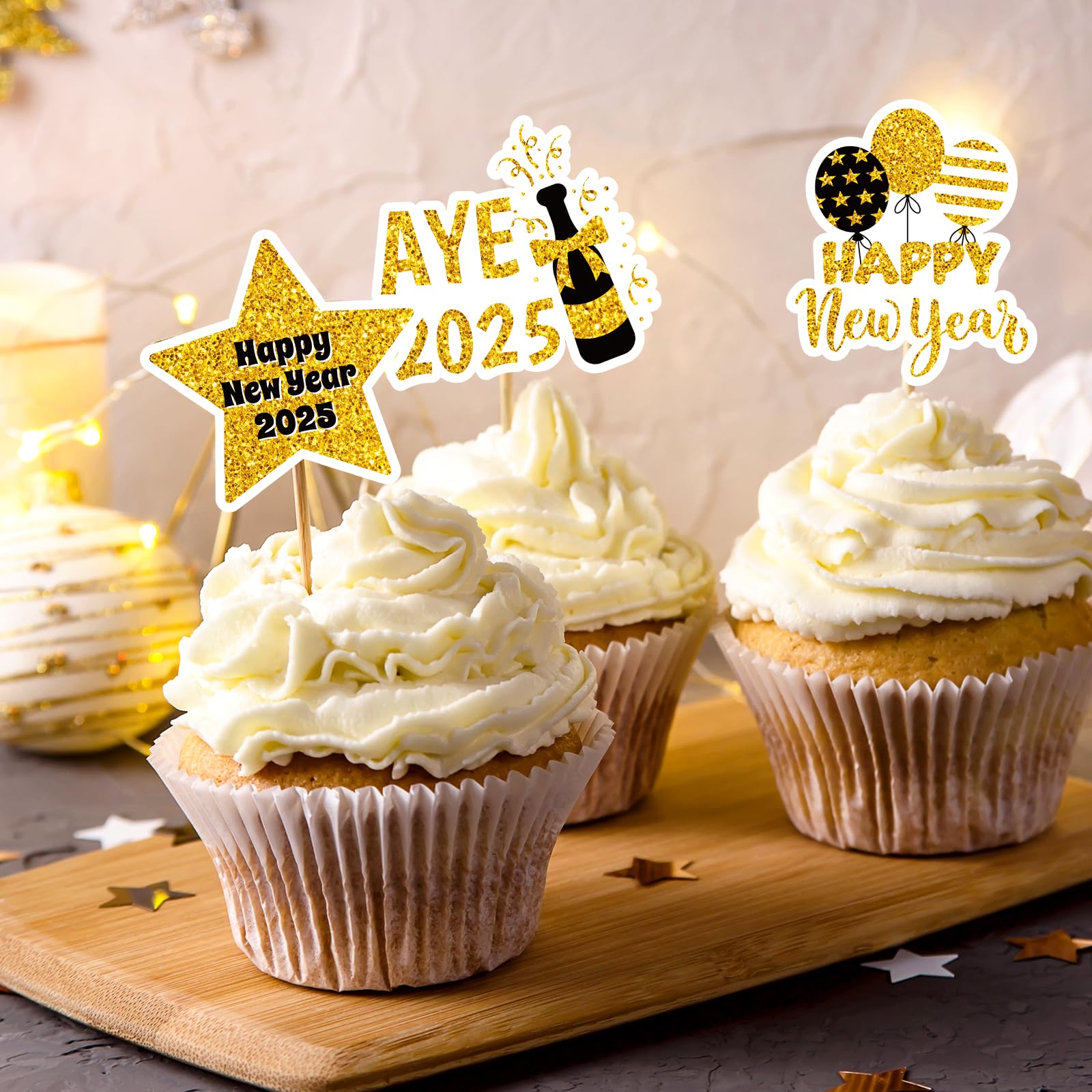144PCS Happy New Year Cupcake Toppers Toothpicks – 2025 New Year's Eve Cake Picks Party Supplies Decorations