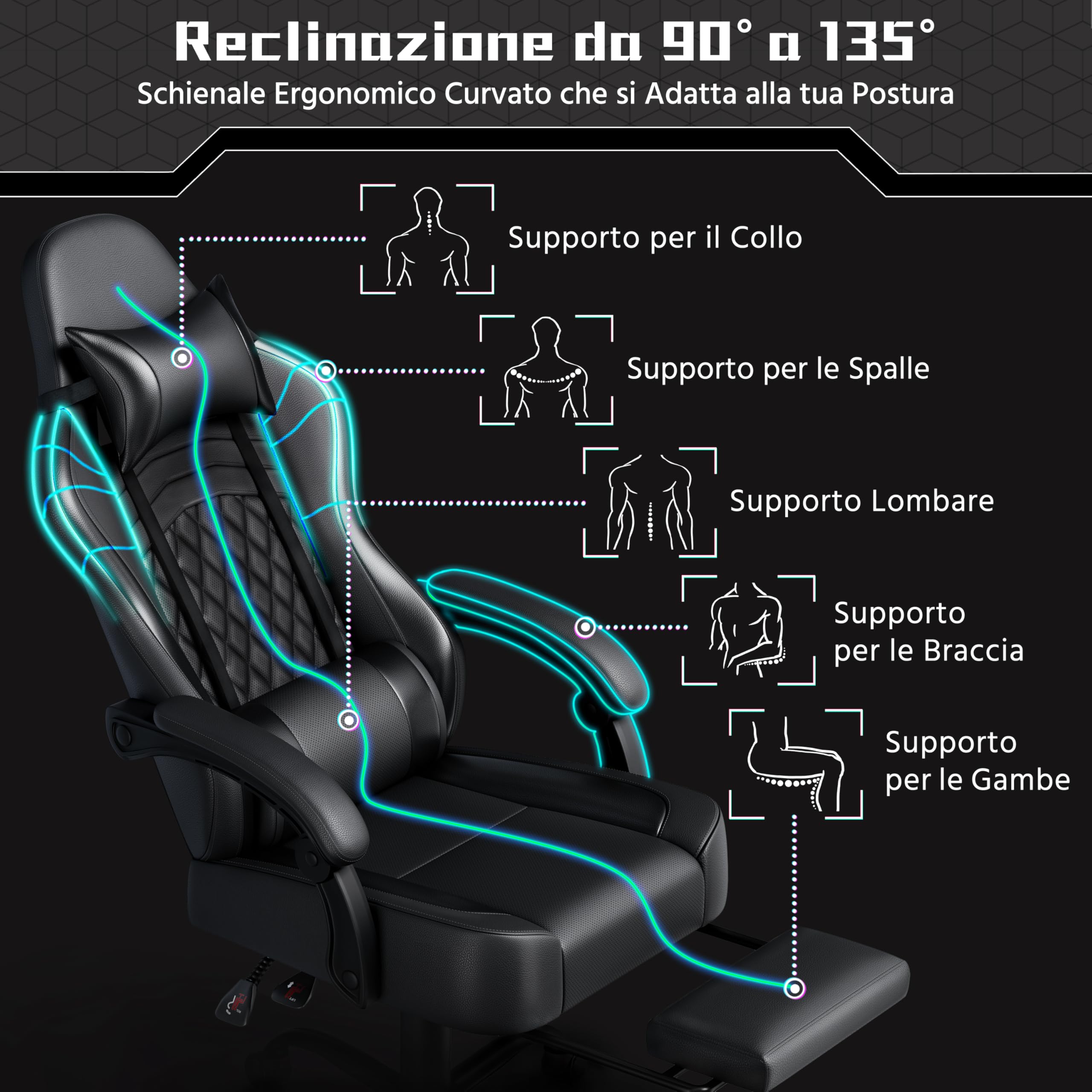 Sedia da Gaming Massaggiante, Sedia da Ufficio con Poggiatesta, Poggiapiedi e Cuscino Lombare, 360° Girevole, Regolabile in Altezza, Poltrona Gaming per Computer, Ufficio (Nero)