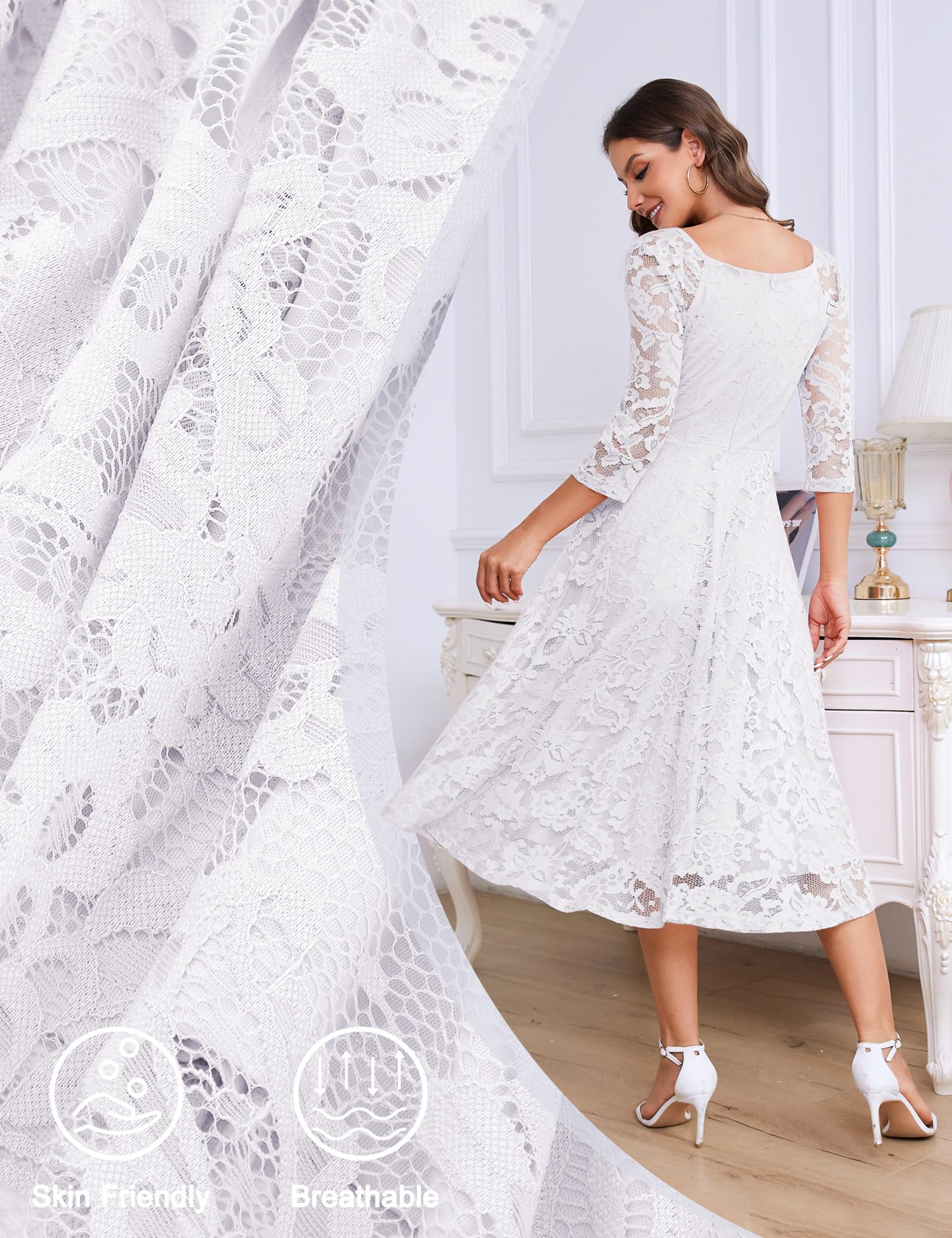 Dressystar Robe de Soirée Cocktail Femme Midi Dentelle Manche Longue sous Genou Robe de Mariage Invitée Col en V Glamour et Chic