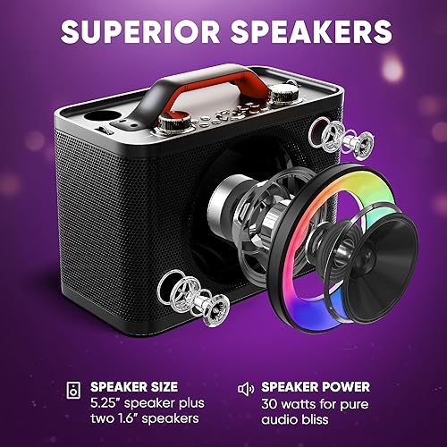 Miniatura 6 de MASINGO Nueva máquina de karaoke para adultos y niños con 2 micrófonos inalámbricos, altavoz Bluetooth portátil, luces LED coloridas, sistema PA y