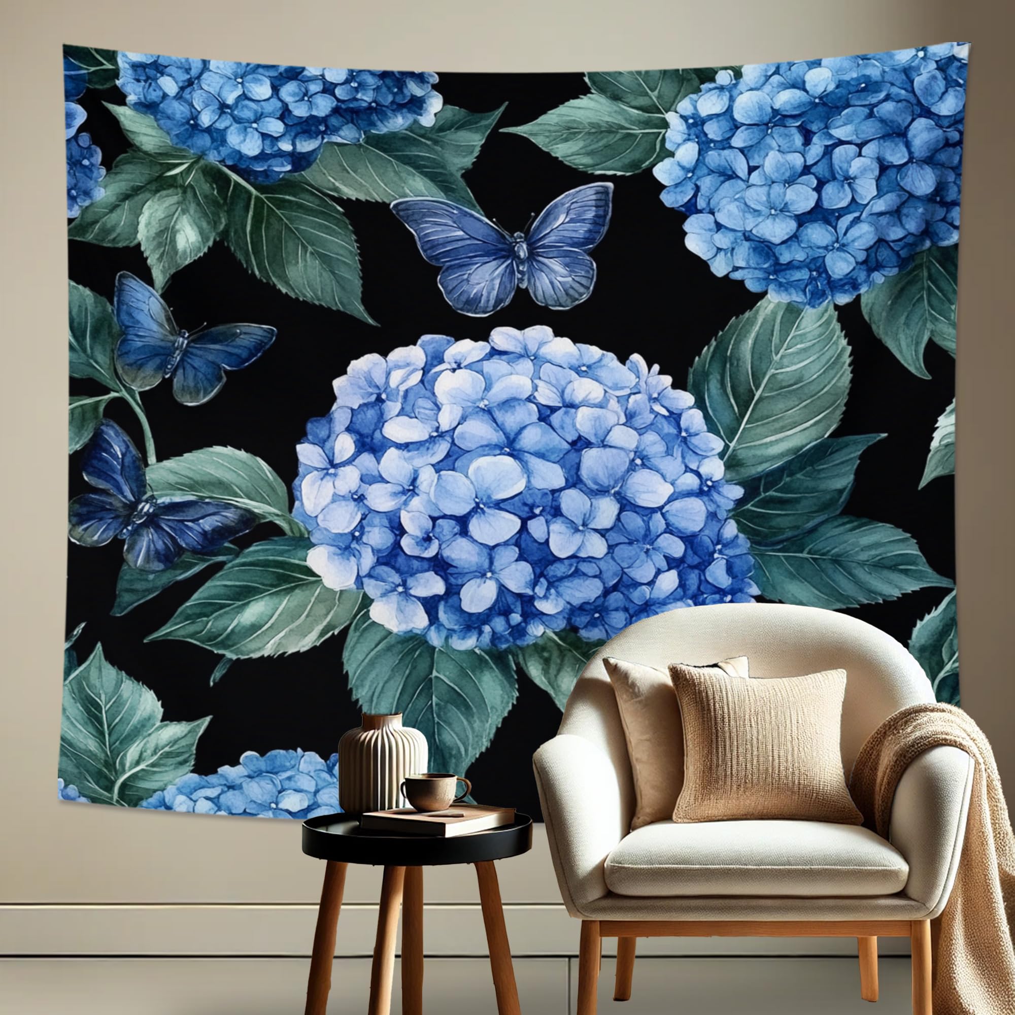 Arazzi Blue Hydrangea Butterfly Flower Boho Tappeto Murale Dormitorio 2XL
