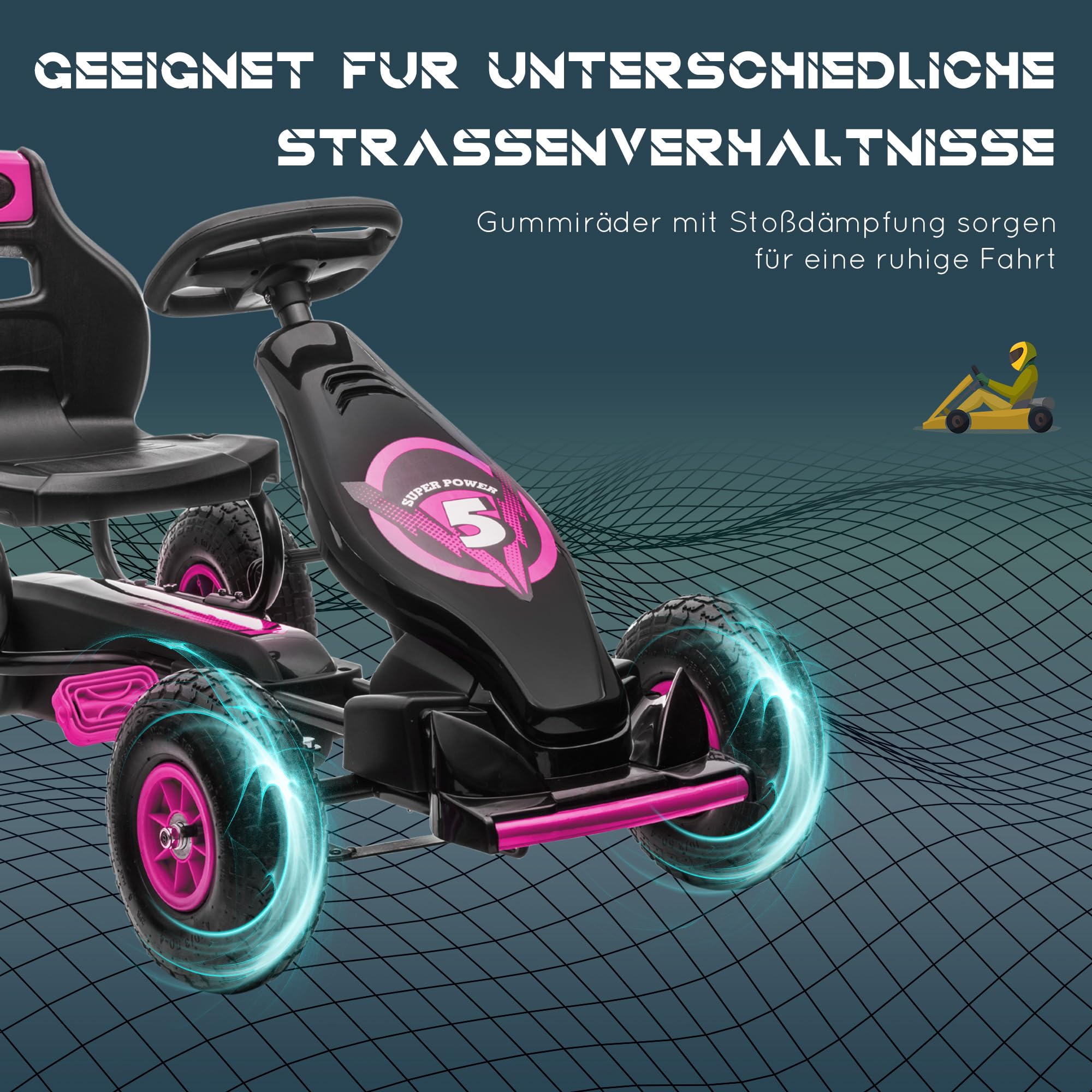 HOMCOM Gokart z 3-stopniową regulacją siedziska, dla 5-12 lat, do 50 kg, różowy | Pojazd dziecięcy, pojazd na pedały z gumowymi oponami, , hamulec ręczny, kettcar, outdoor