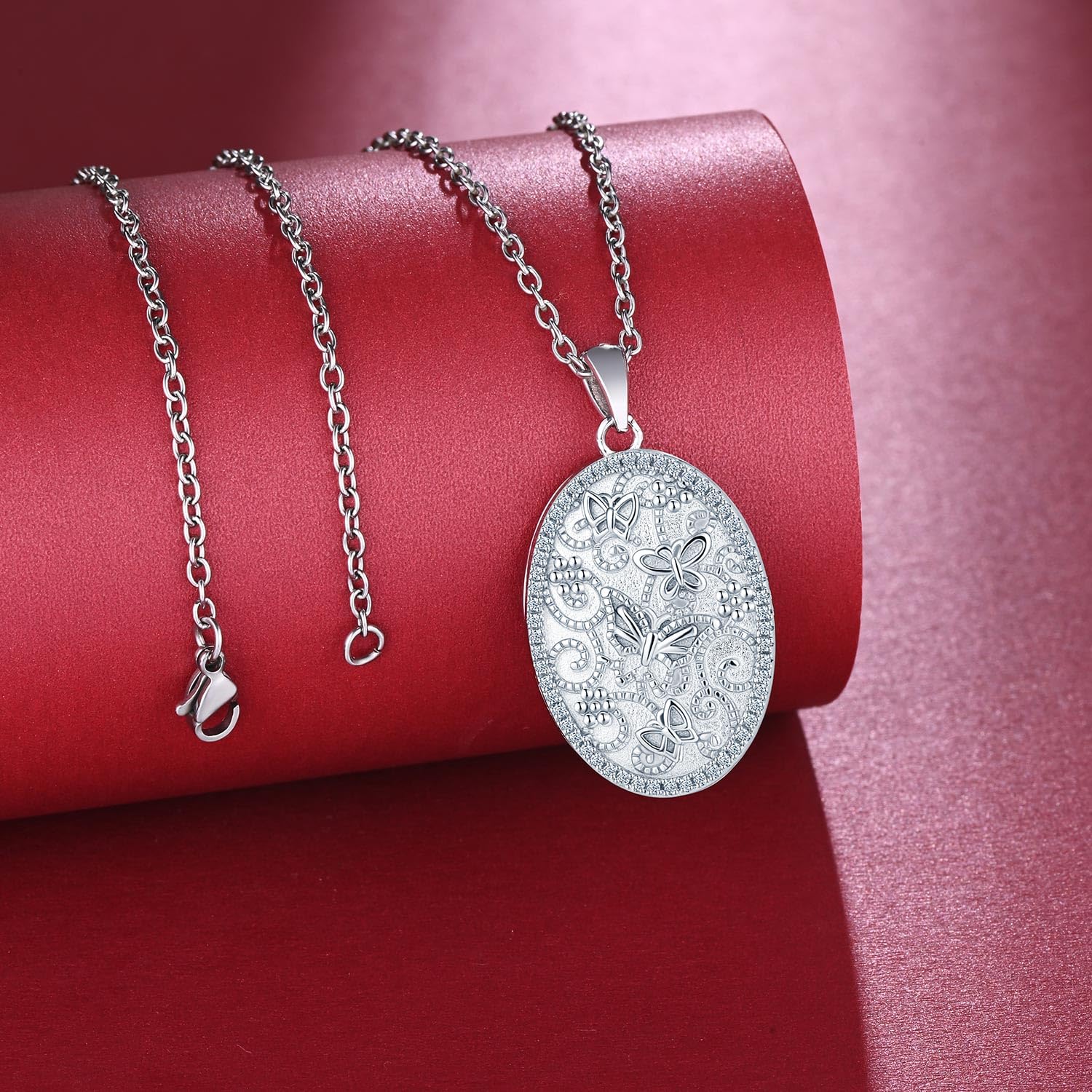 Damen Foto Medaillon Halskette 925 Sterling Silber Kette Elliptische Schmetterlinge Muster Anhänger