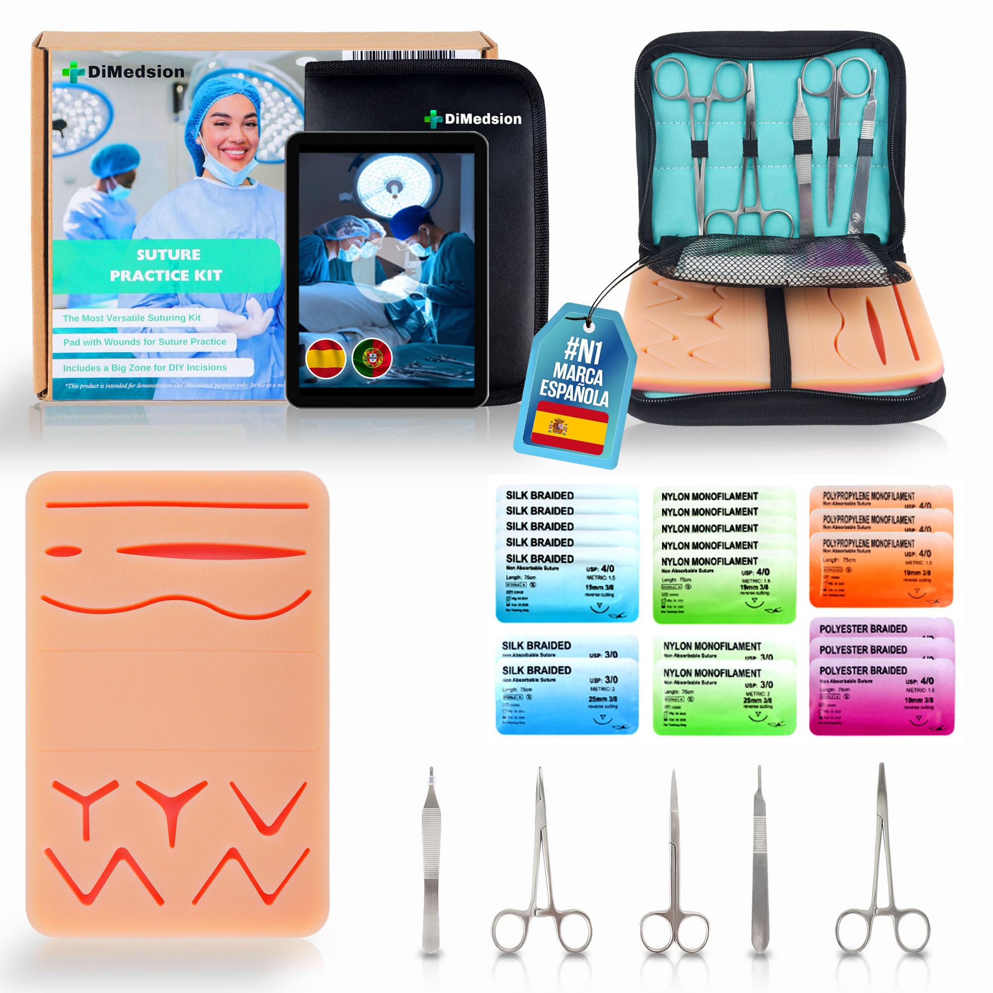 Kit sutura con almohadilla Extra Larga con zona de corte libre - Kit de sutura quirurgica con instrumental completo, para practicar suturas quirurgicas, kit practica sutura