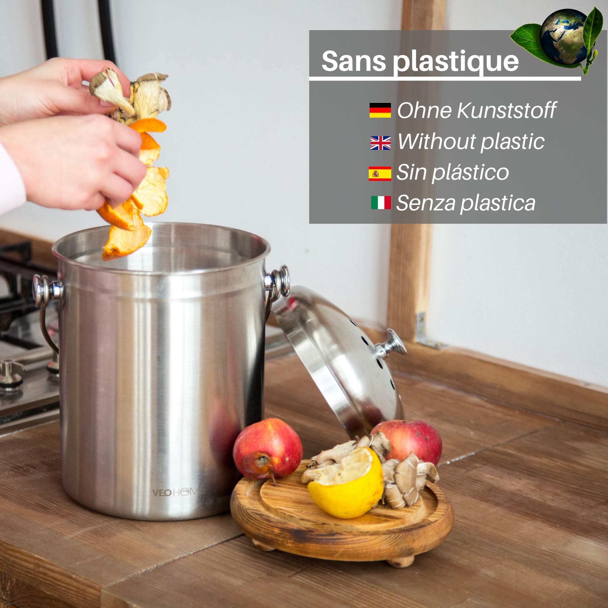 VeoHome Poubelle à Compost de Cuisine in INOX - bac à Compost de Table pour déchets organiques épluchures