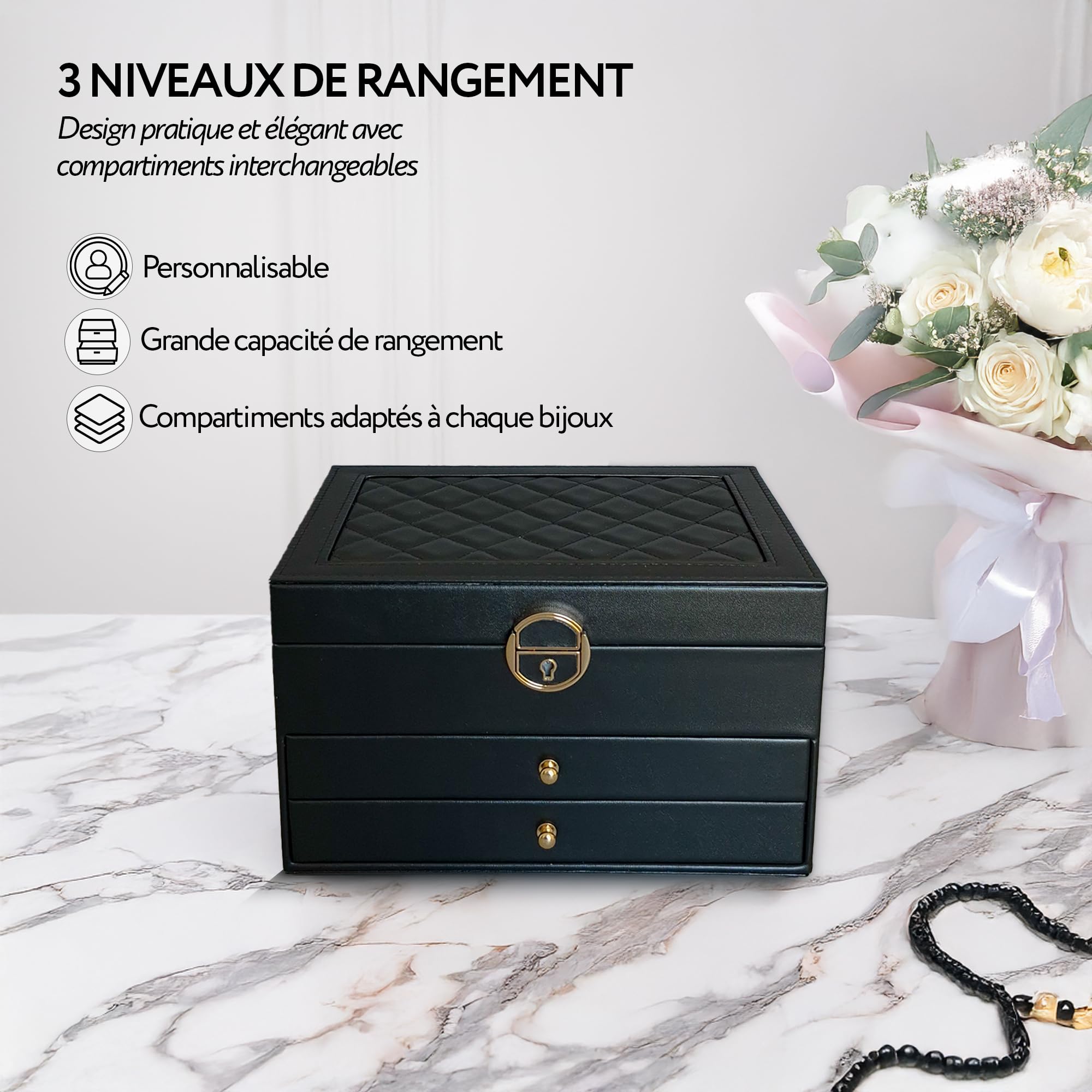 BS Boîte à bijoux pour femme et fille | Boîte à bijoux personnalisée avec prénom, pour cadeau - fête | Rangement bijoux verrouillable à clé, en cuir végan, organisateur bijoux (Noir)