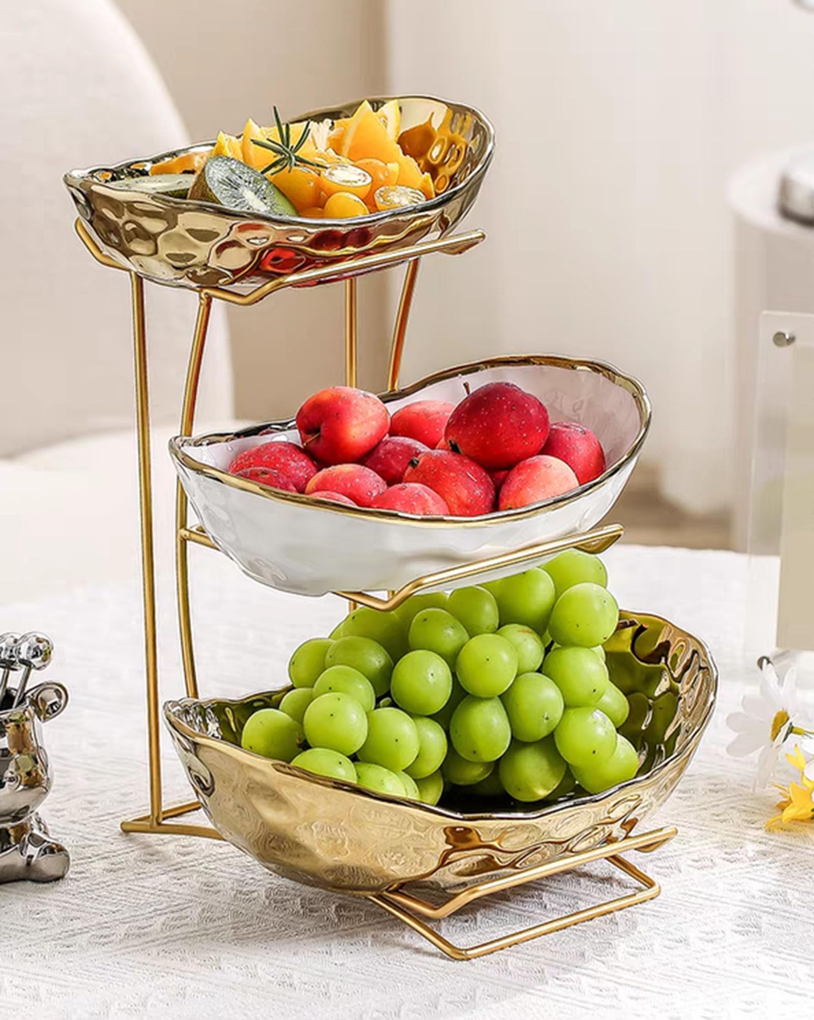 XUDREZ Bols à fruits en céramique à 3 niveaux avec support en métal, corbeille à fruits en céramique pour comptoir de cuisine, plateau de service ovale en céramique pour bonbons, collations, noix,
