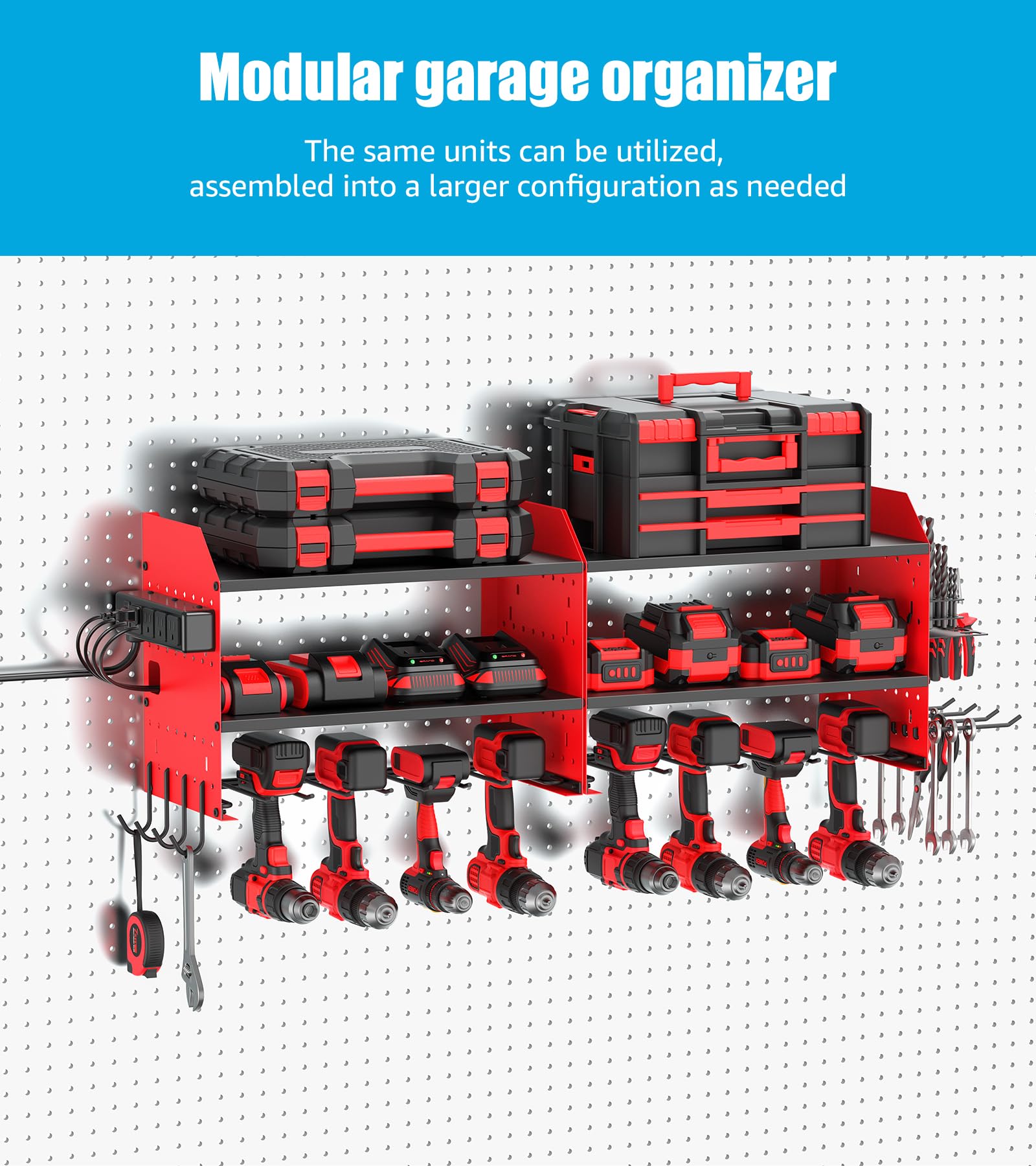 CCCEI Lot de 1 station de charge modulaire pour outils électriques - Support mural pour perceuses et batteries - Organisation de garage, magasin, anniversaire, cadeaux pour homme, père, rouge