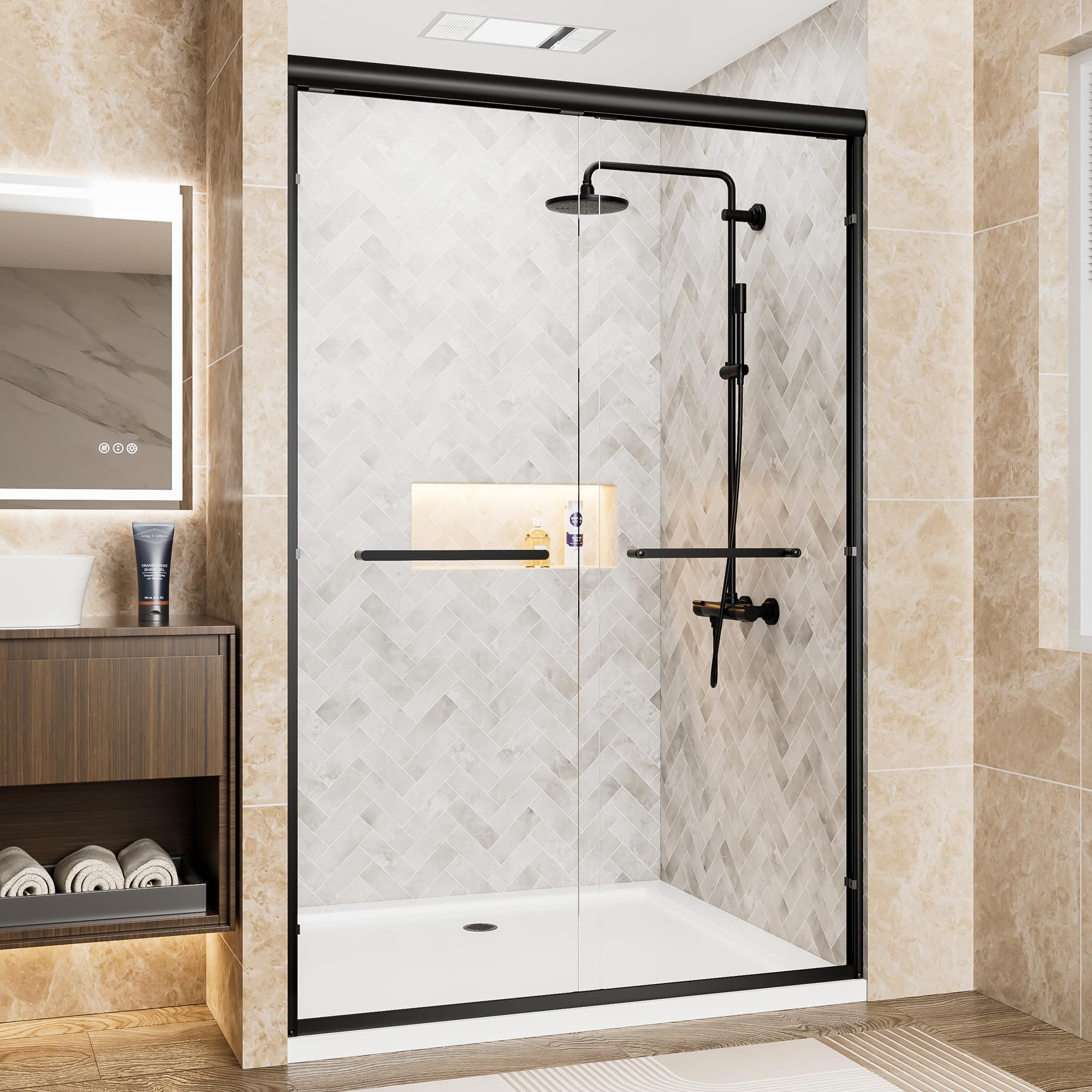 44-48" W x 72" H Double Sliding Shower Doors for Bathroom, 1/4 inch(6mm) Clear Tempered Glass with Semi-Frameless Bypass Aluminum Frame & Stainless Steel Handle(Matte Black)