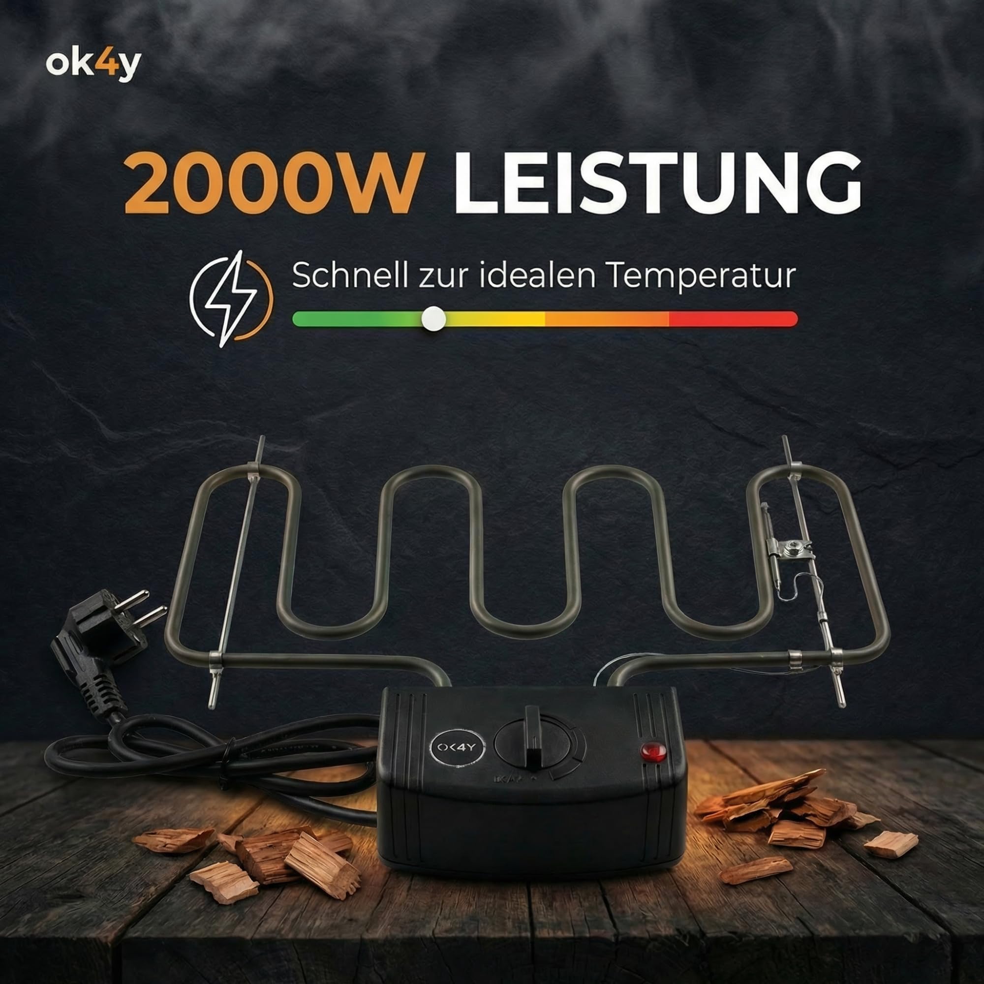 Räucherofen Elektroheizung 2000 W mit Thermostat – Heizspirale zur präzisen Temperaturregelung für Räucherschrank & Smoker, universelle Heizschlange kompatibel mit vielen Herstellern