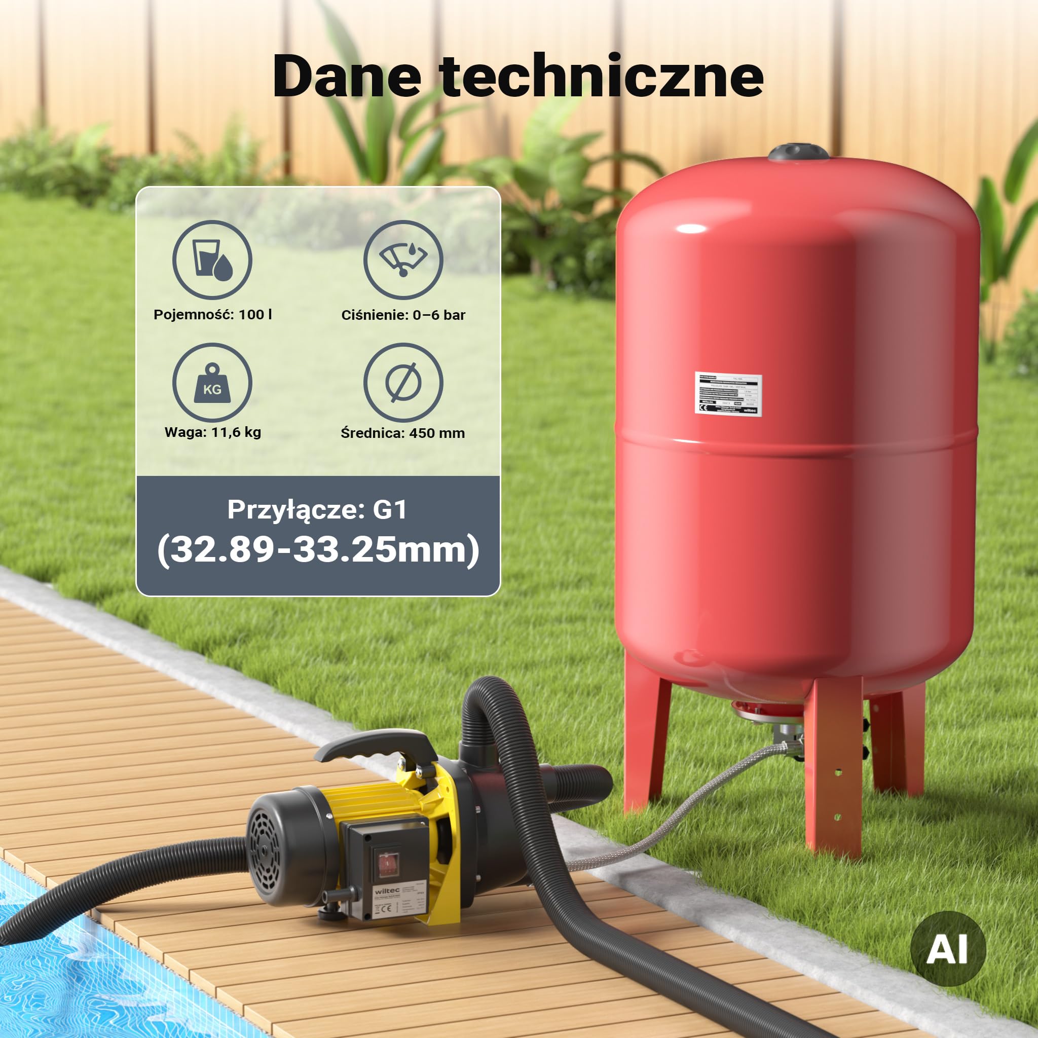 Wiltec Zbiornik hydroforowy 100 l, naczynie przeponowe do wody, zbiornik ciśnieniowy pionowy do instalacji wodnych, zbiornik membranowy do hydroforu