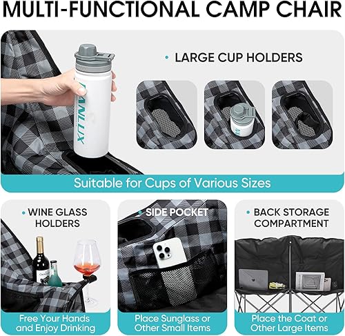 Miniatura 6 de Silla de camping doble acolchada plegable para 2 personas, sillas de césped resistentes, sofá plegable para exteriores